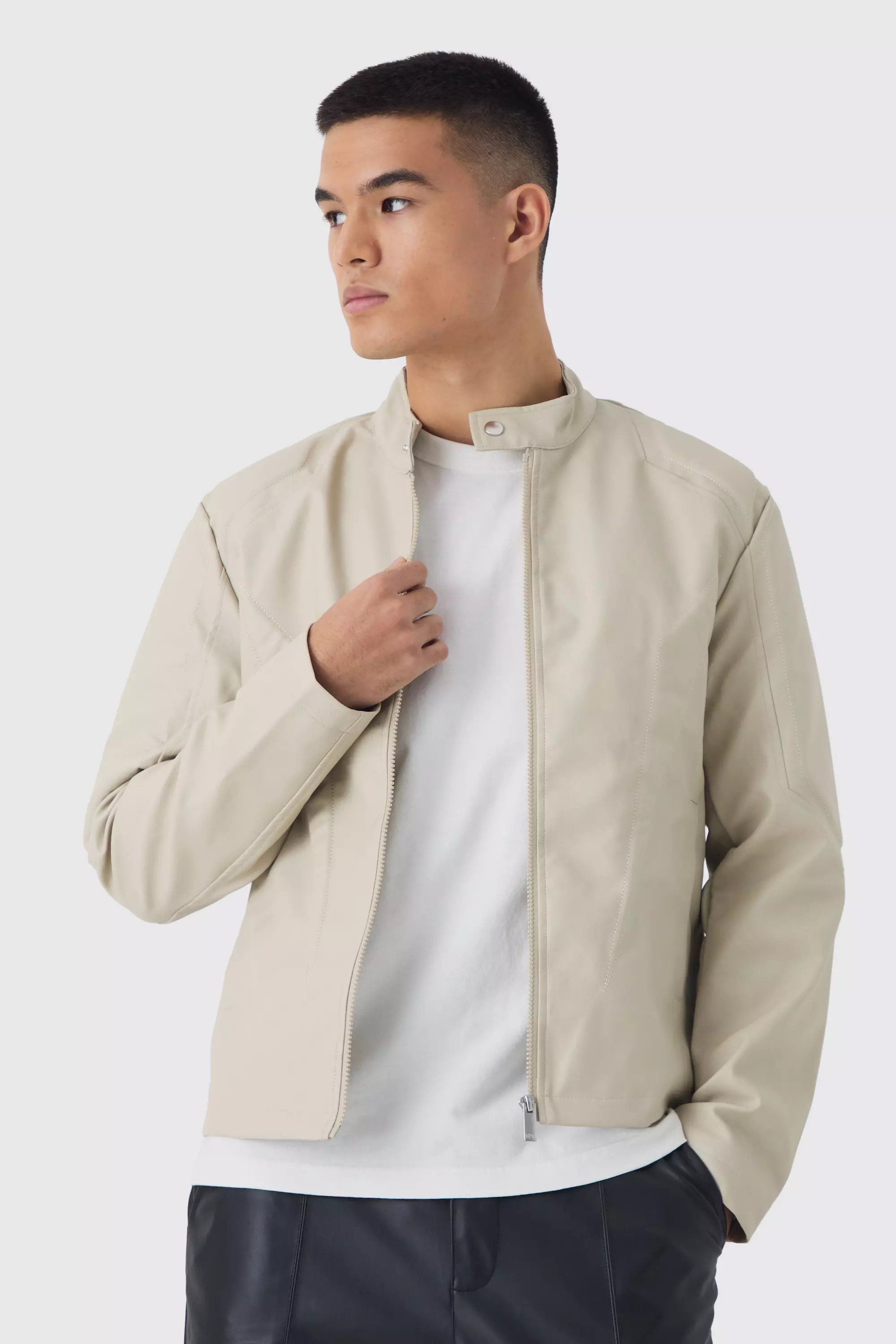 Tonal Pannelled Moto Jacket In Stone Stone