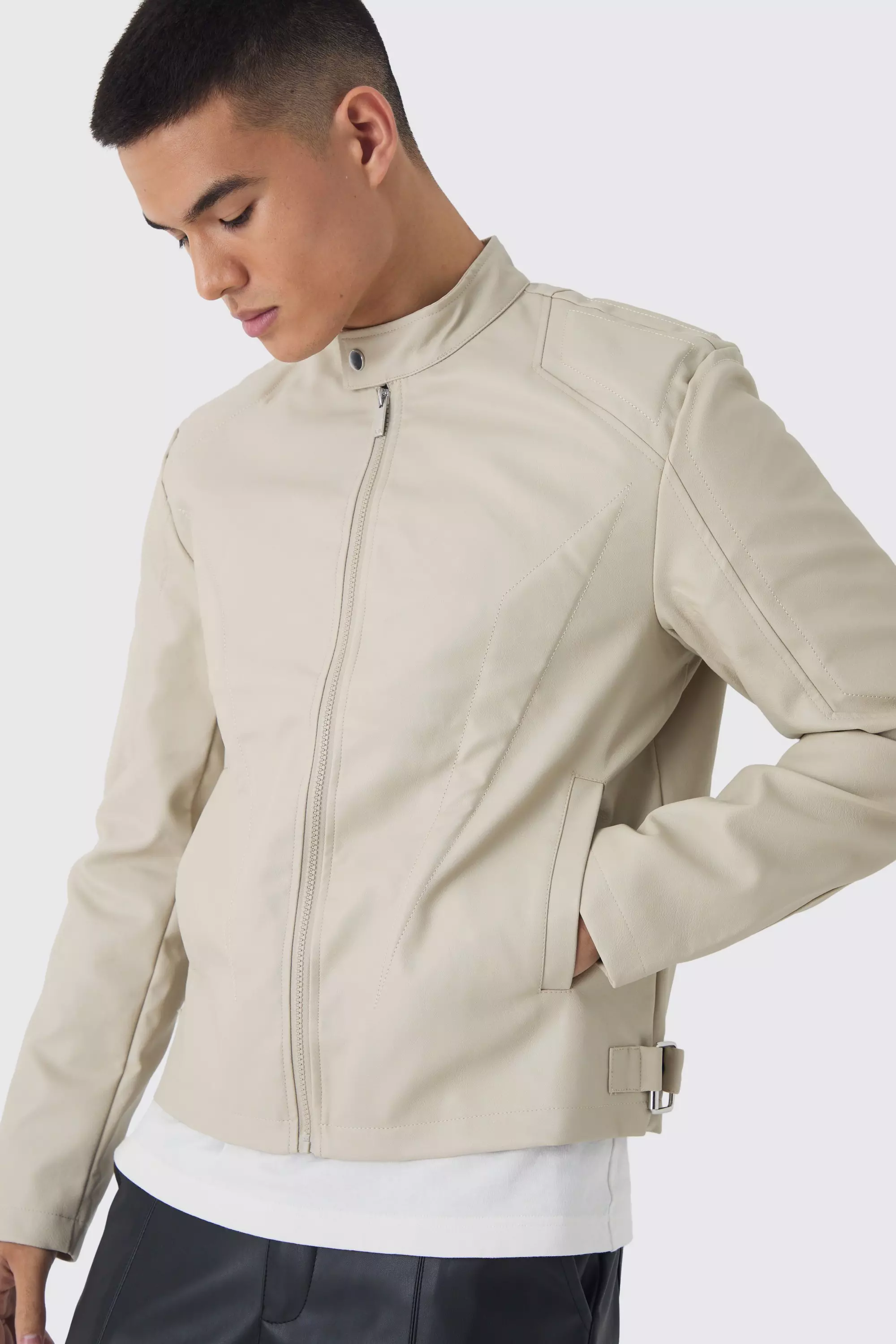Tonal Panelled Moto Jacket In Stone alternative image