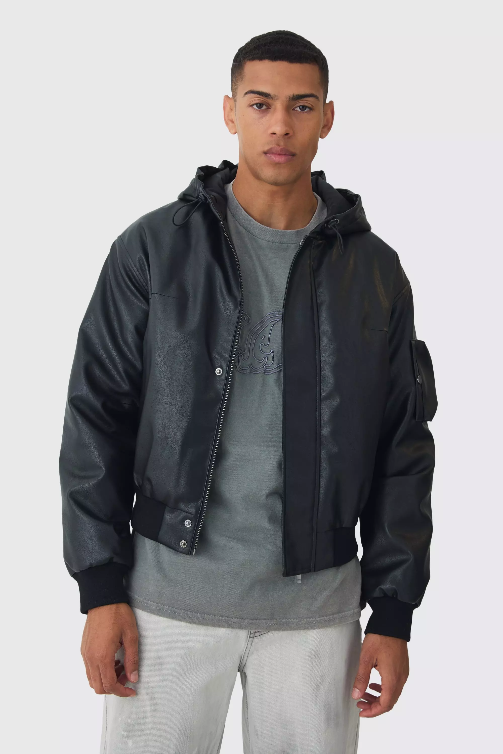 Padded Hooded PU Bomber In Black Black