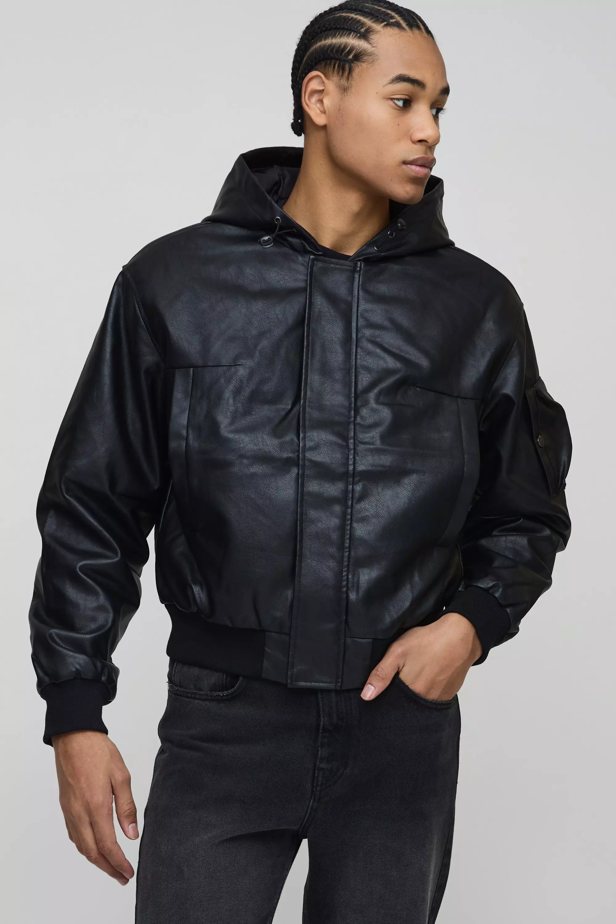 Padded Hooded PU Bomber Jacket In Black boohooMAN UK