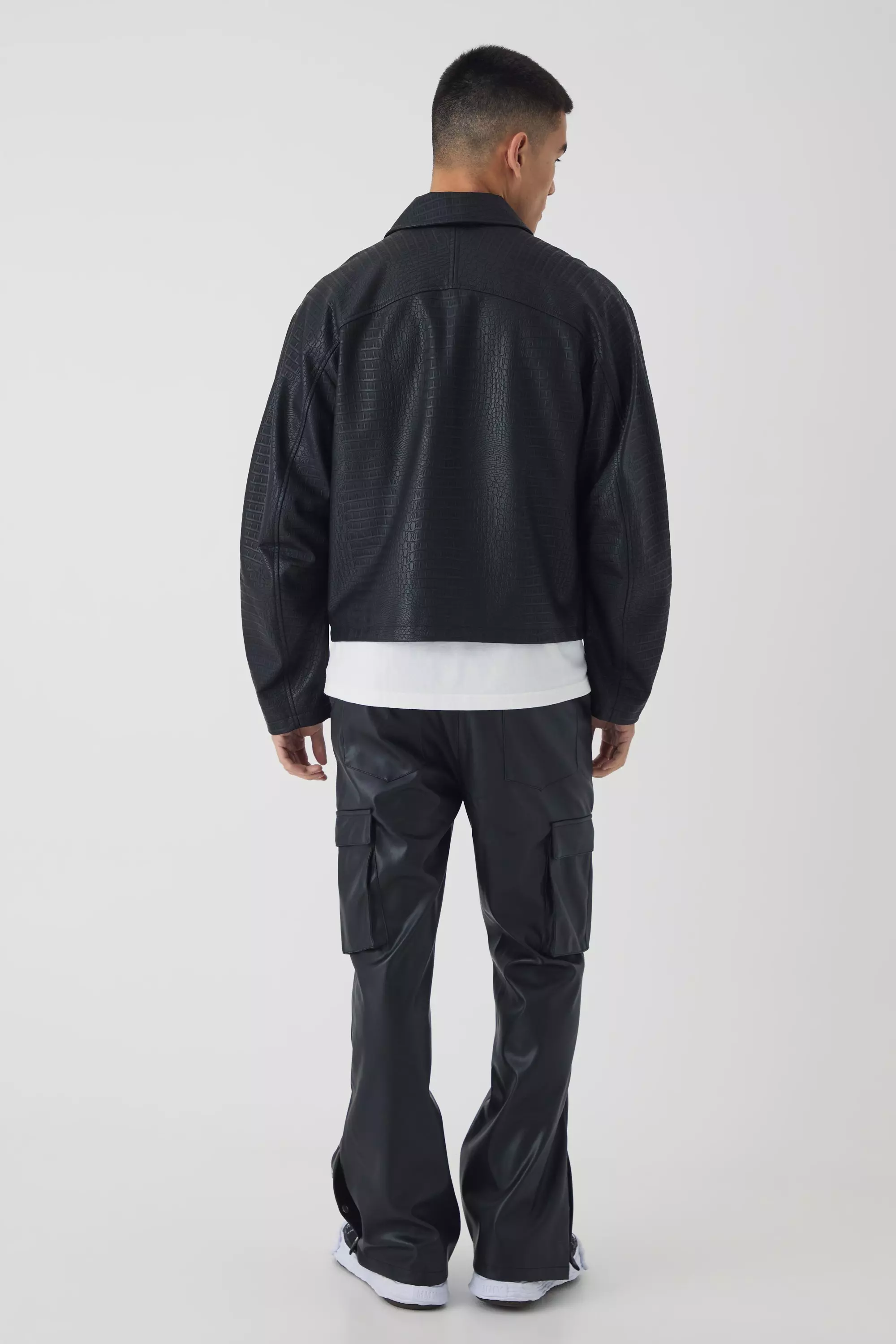 Boxy Textured PU Collared Bomber Jacket In Black | boohooMAN USA