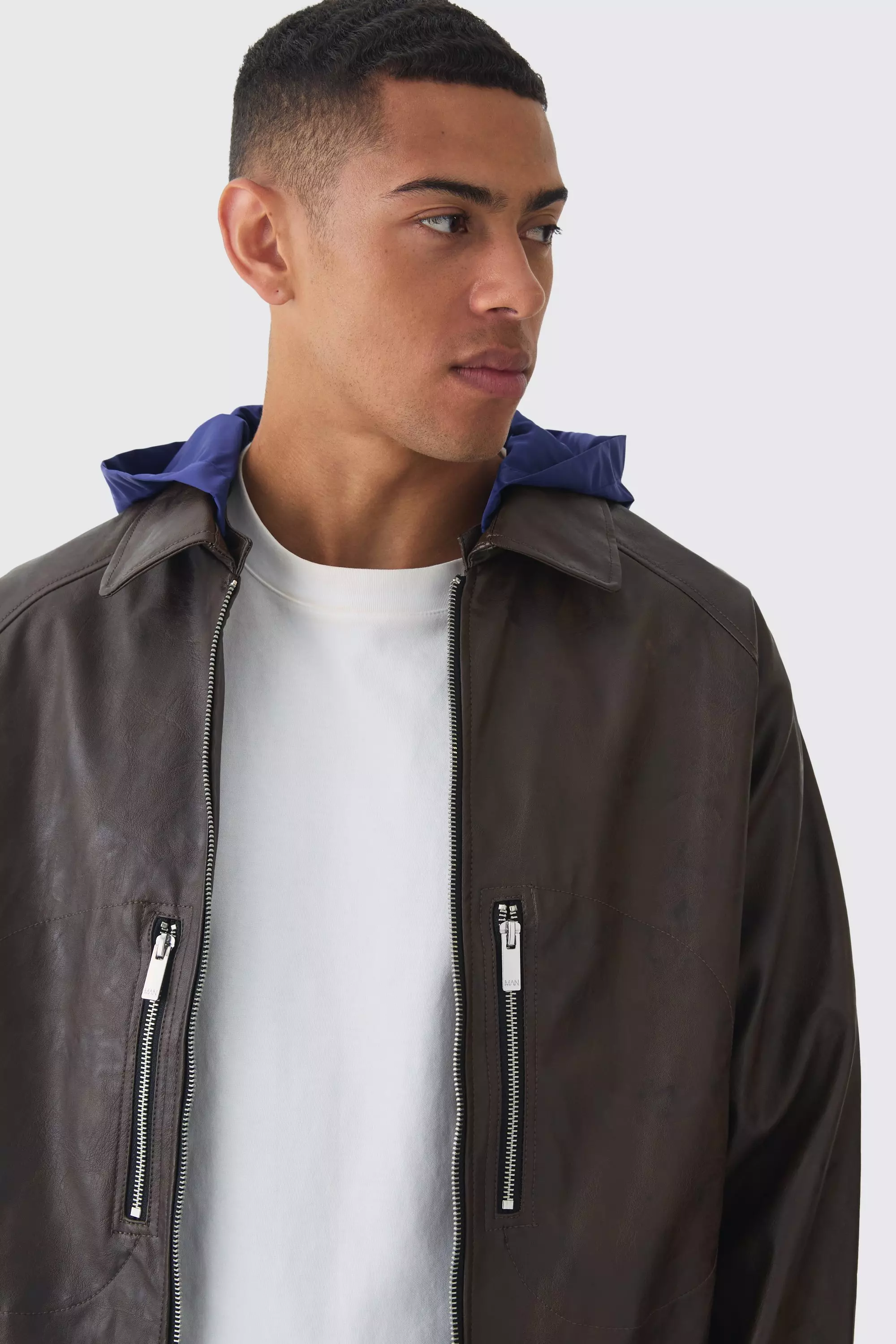 Collared Pu Bomber Jacket With Detachable Hood In Brown boohooMAN UK