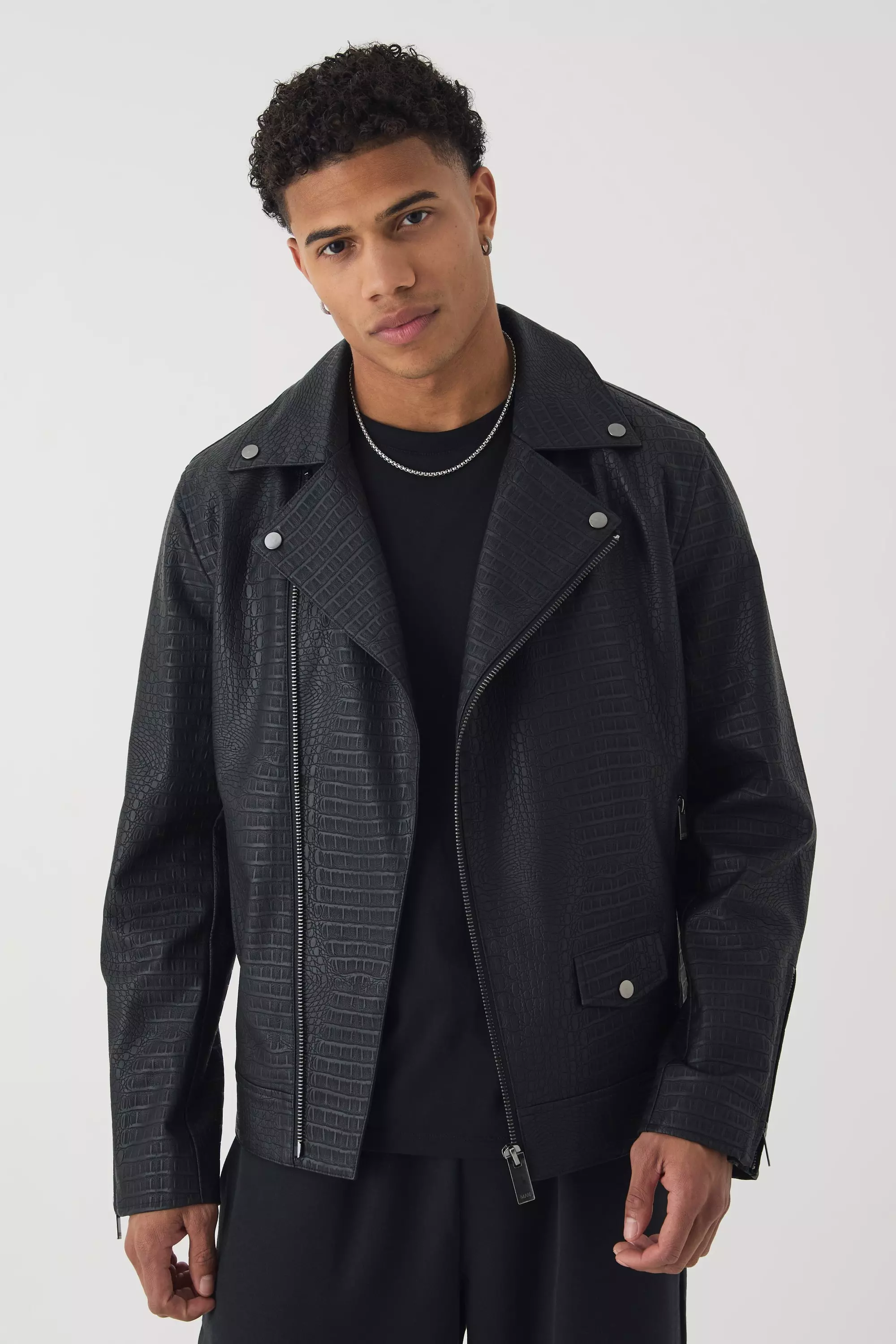 Textured PU Biker Jacket In Black Black