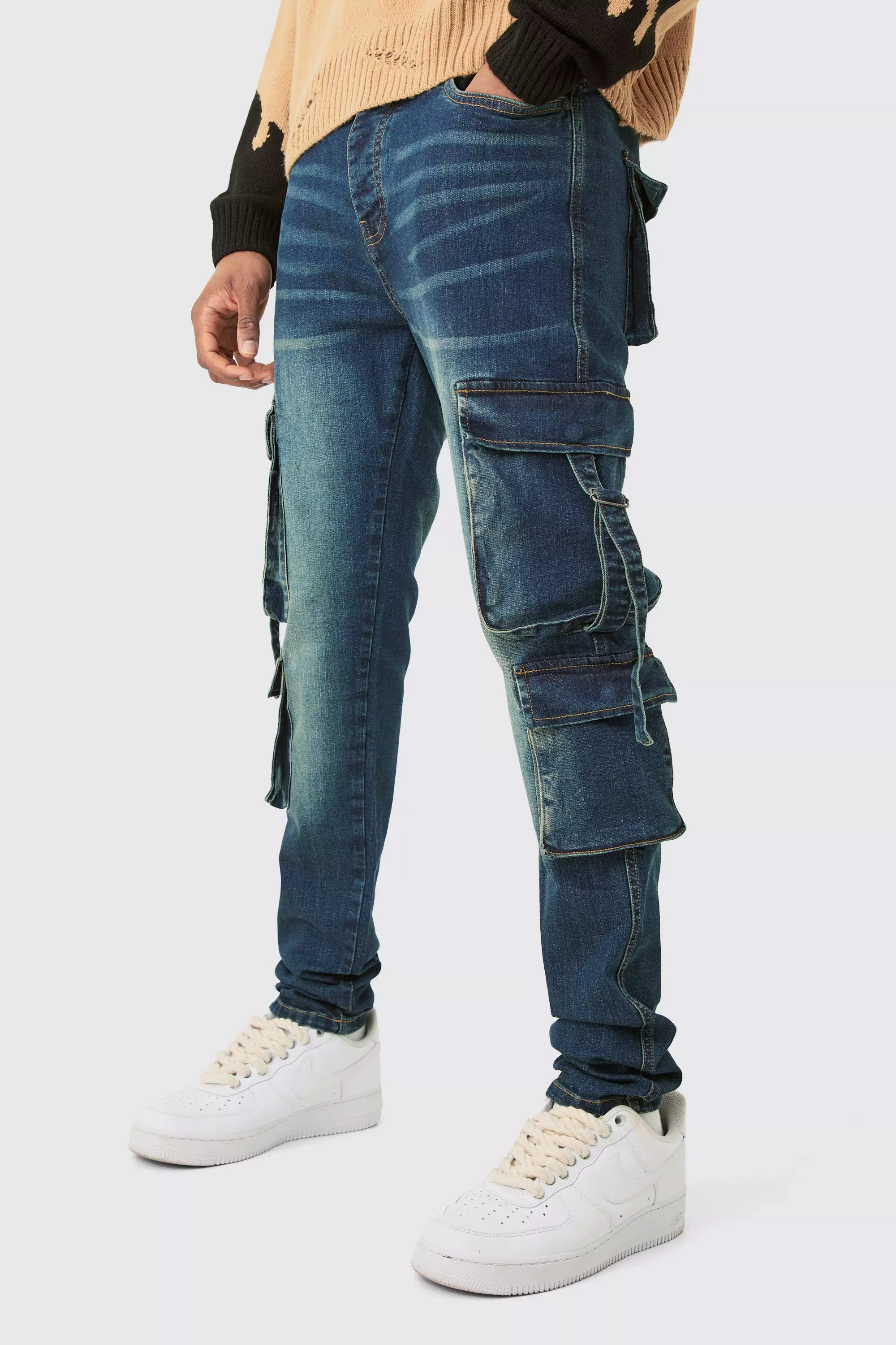 Grey Tall Dark Wash Stretch Skinny Cargo Pocket Detail Jean