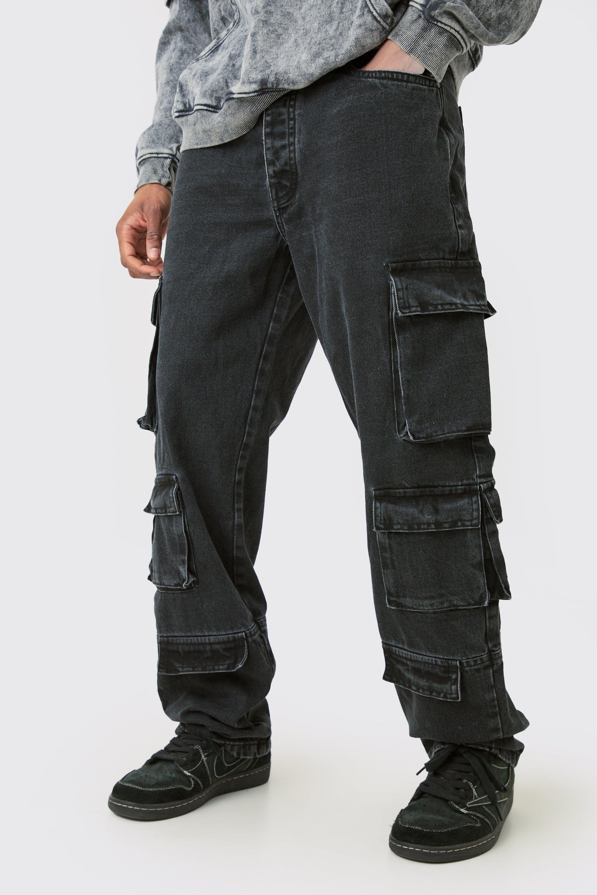 Baggy Fit Acid Wash Cargo Jeans