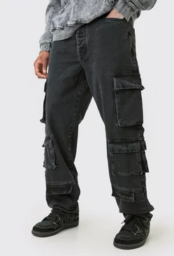 Charcoal Grey Tall Relaxed Fit Acid Wash Cargo Jean