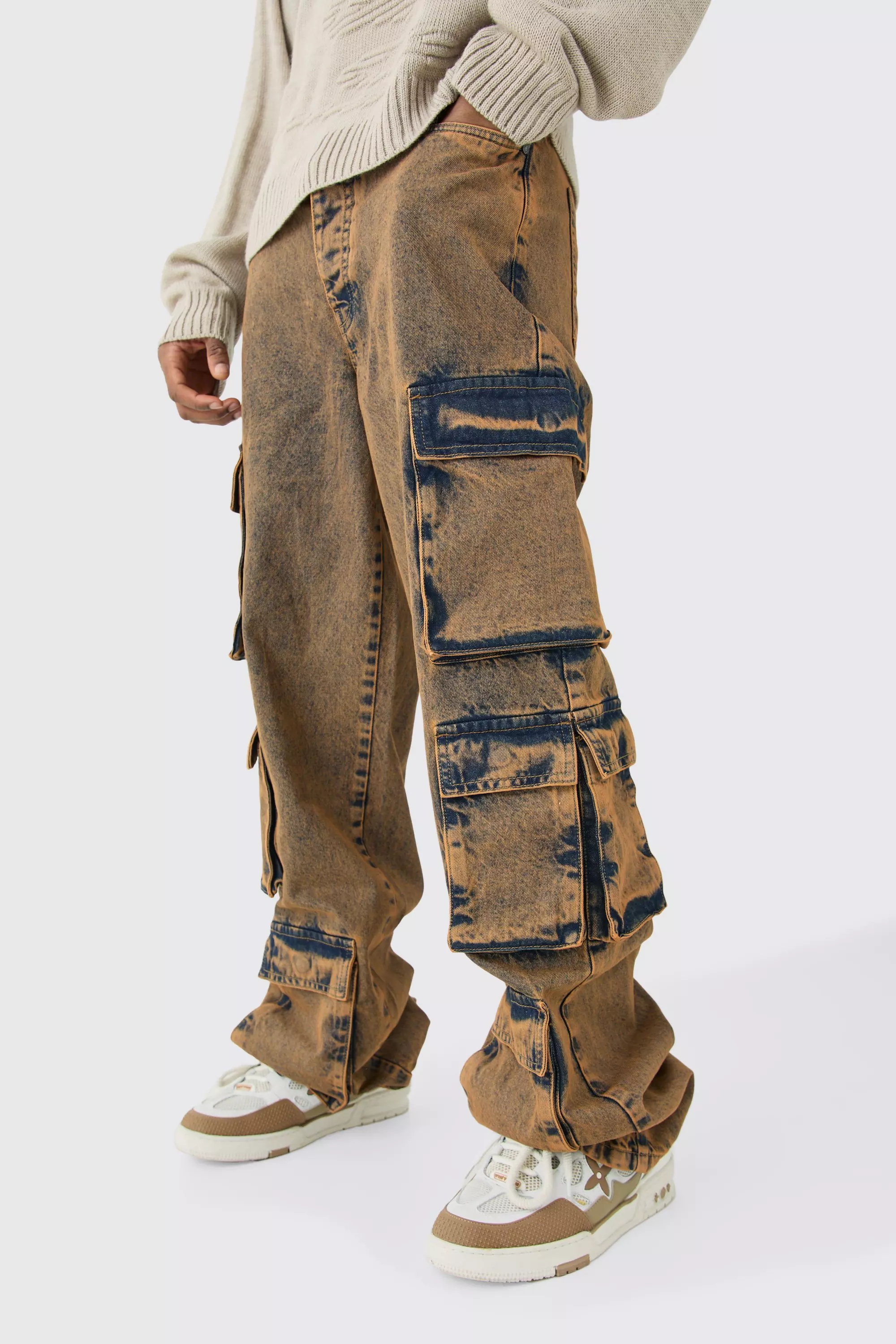 Grey Tall Baggy Fit Acid Wash Cargo Jeans