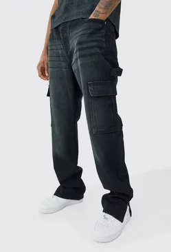 Black Tall Straight Carpenter Split Hem Cargo Jeans