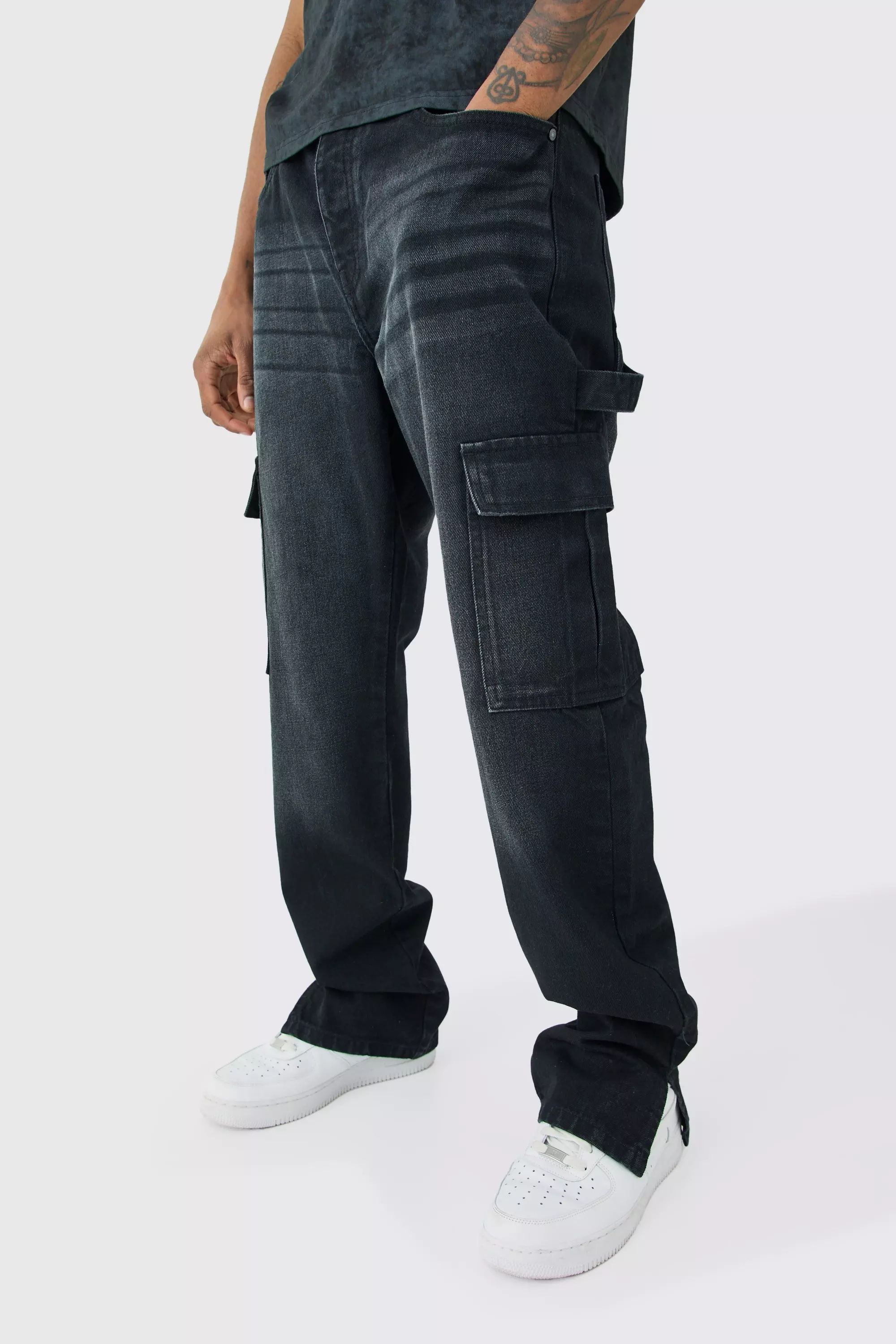 Ash Grey Tall Straight Carpenter Split Hem Cargo Jeans