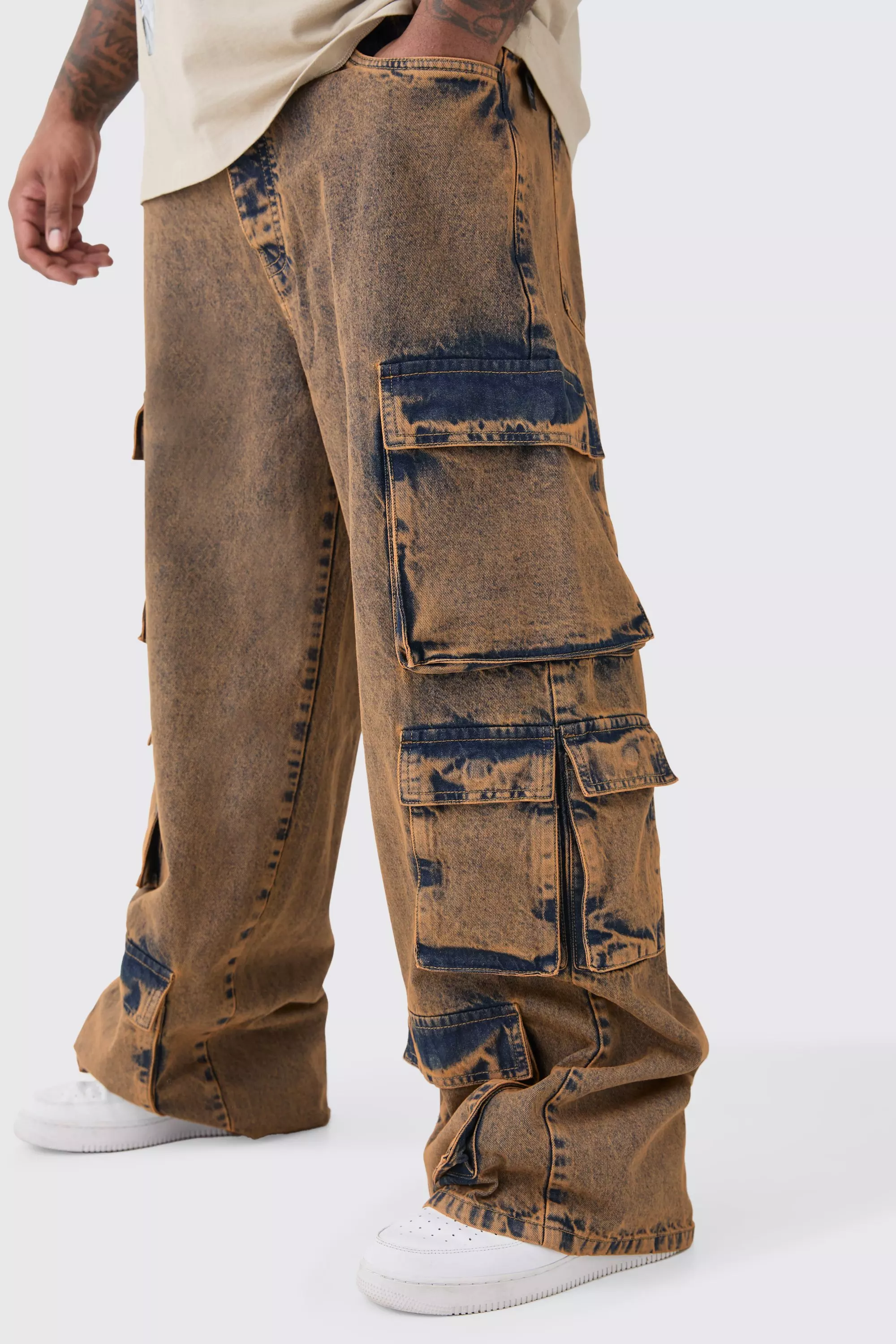 Plus Baggy Fit Acid Wash Cargo Jeans Antique wash