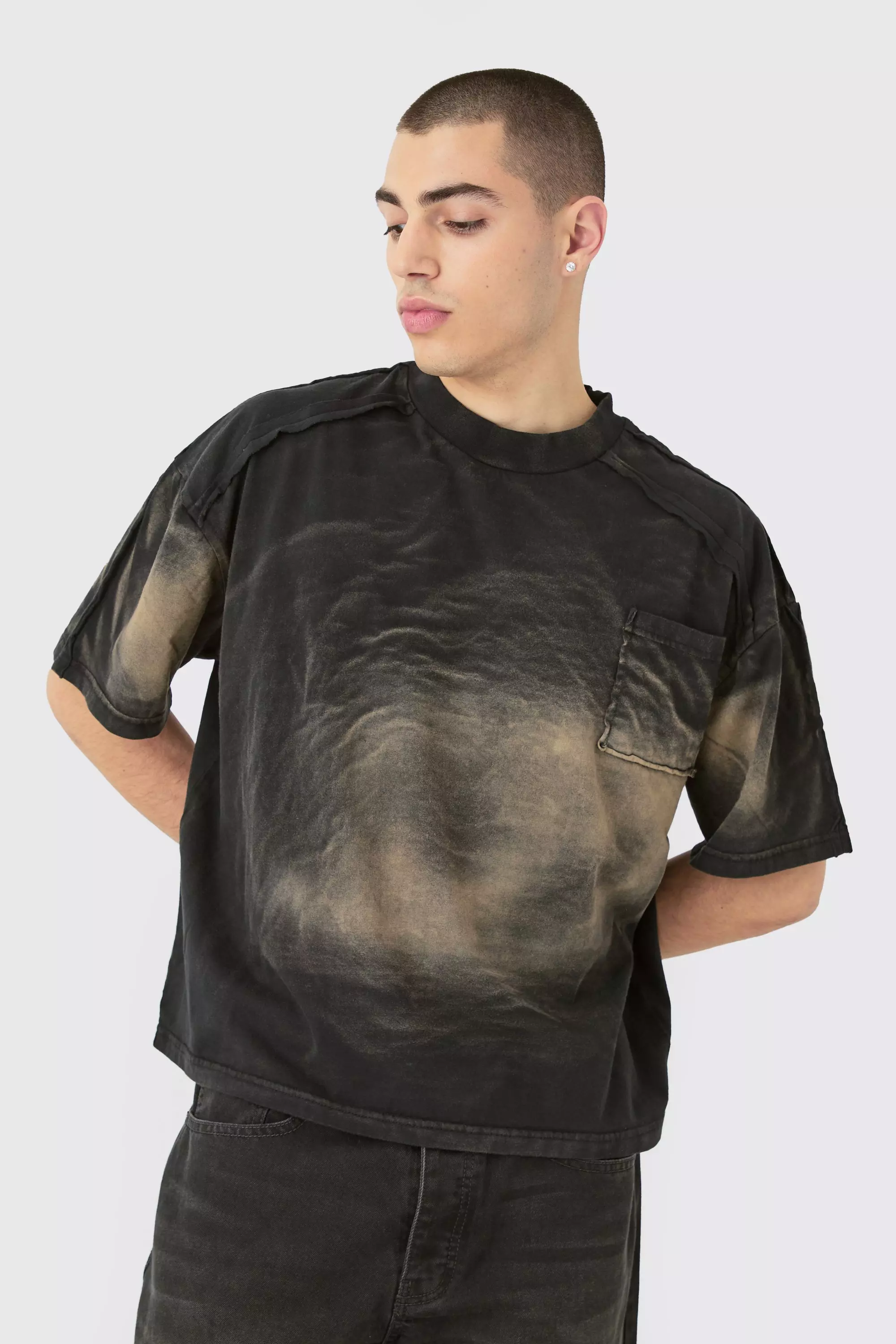 Black Oversized Boxy Extended Neck Washed T-shirt