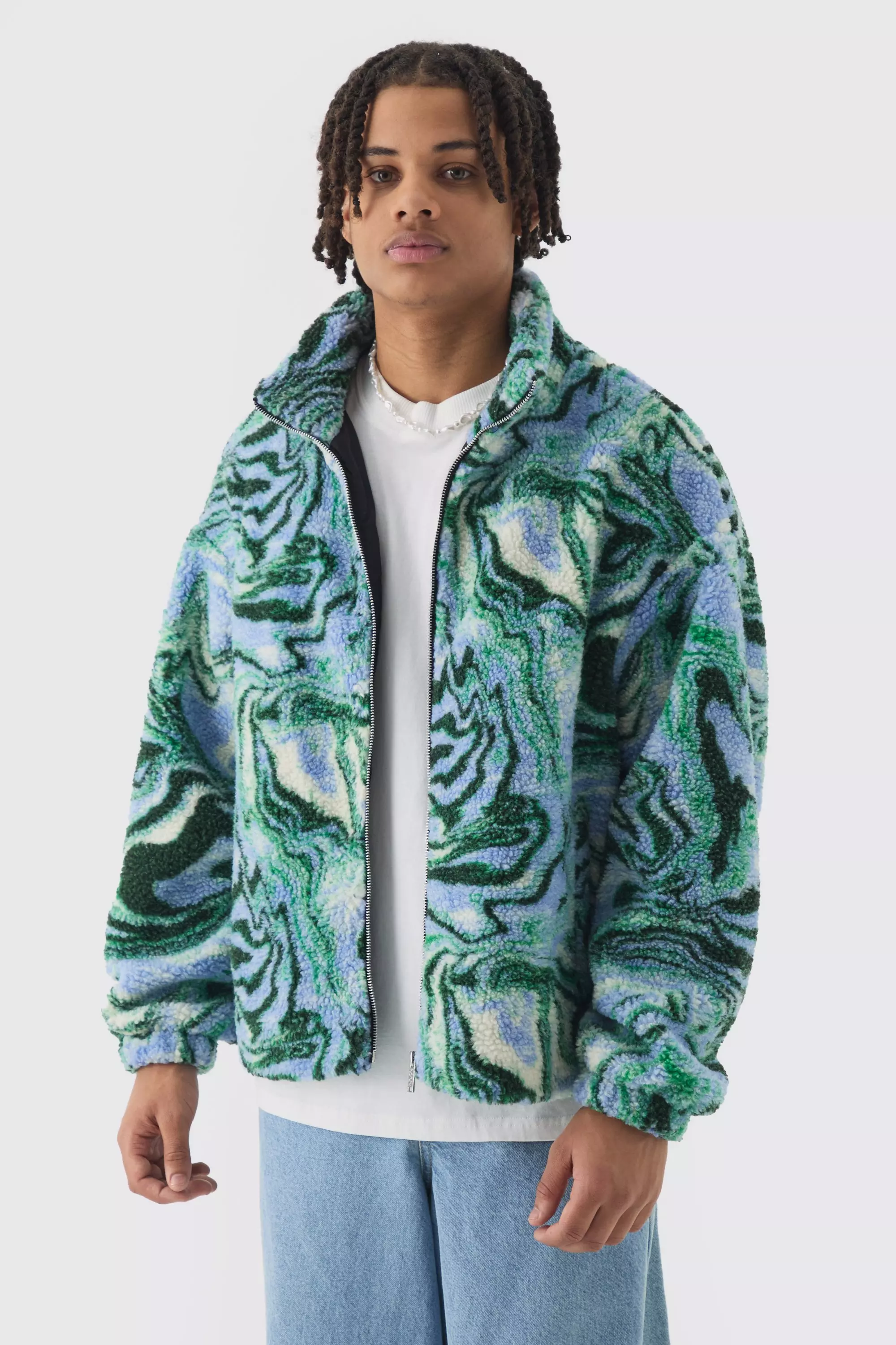 Oversized Printed Borg Fleece Jacket In Blue Blue