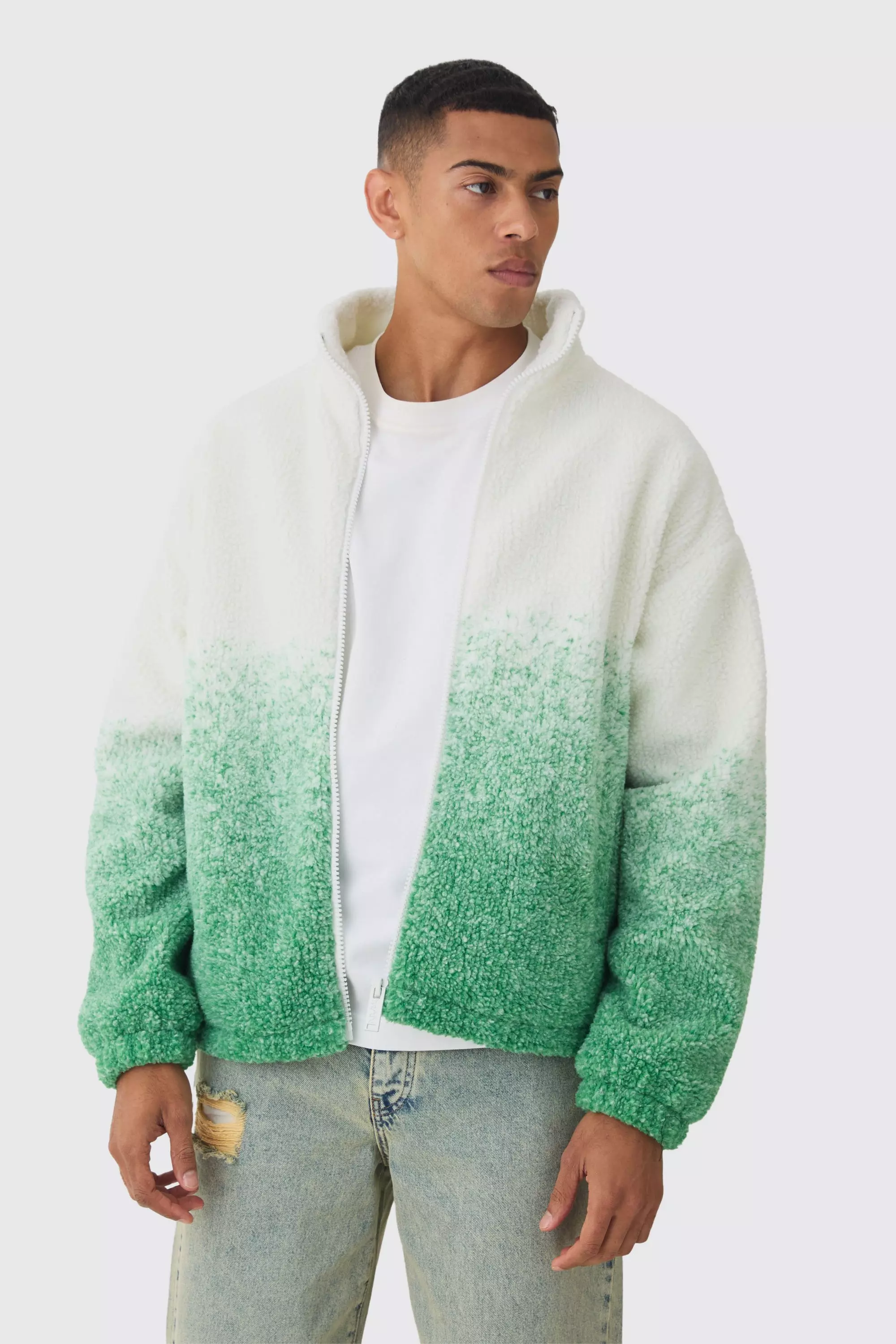 Oversized Ombre Borg Funnel Neck Jacket In Green Green