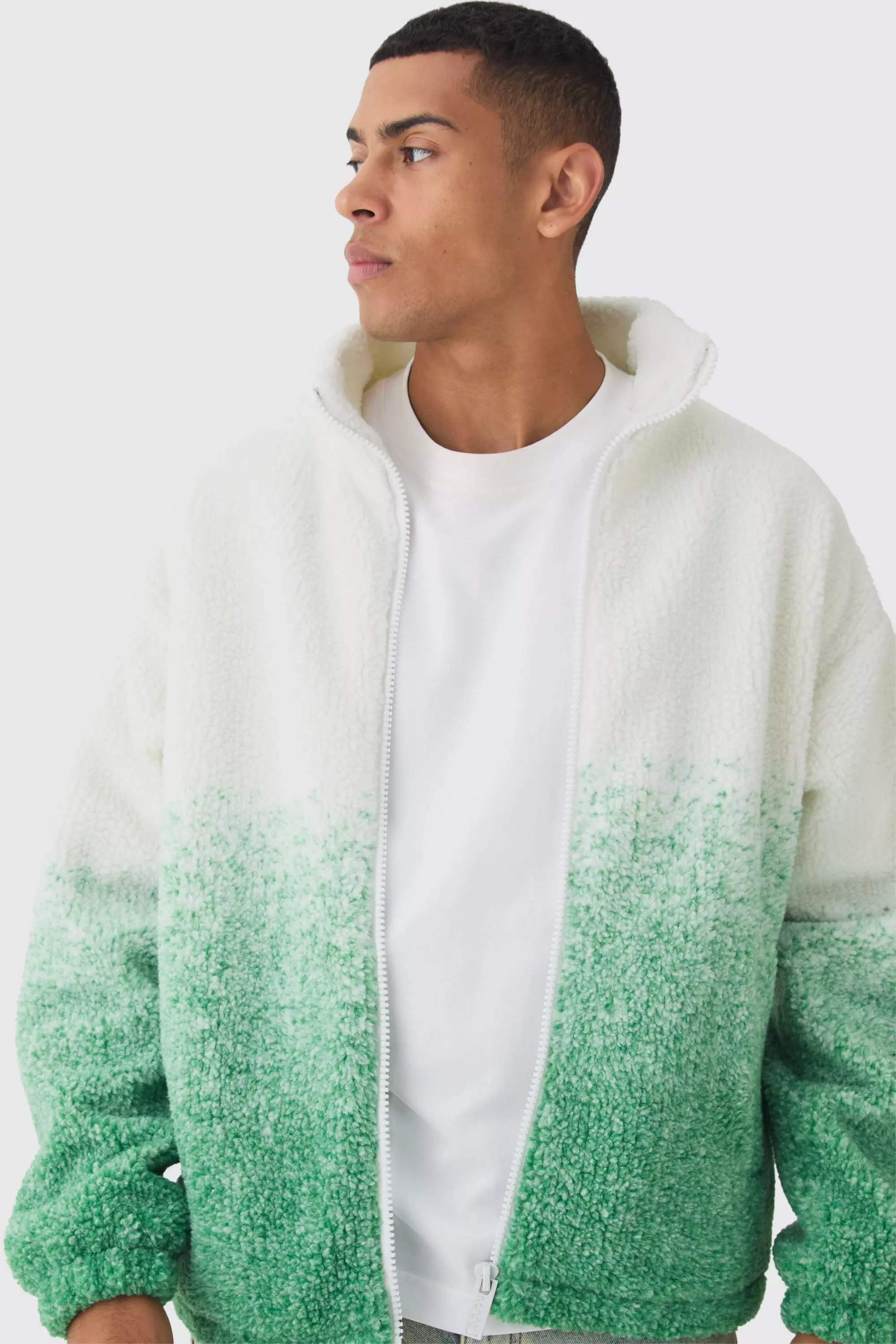 Oversized Ombre Borg Funnel Neck Jacket In Green alternative image