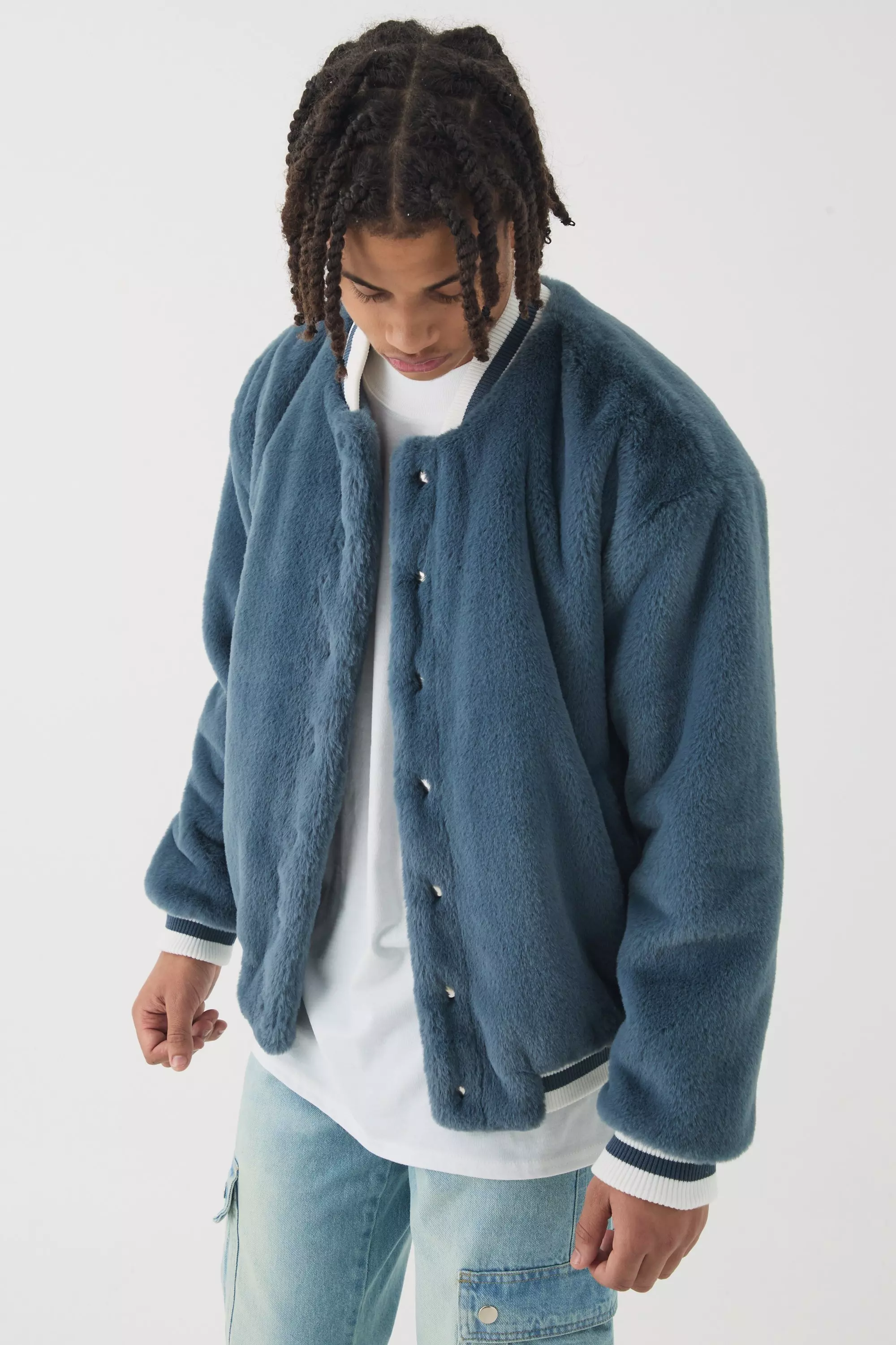 Official Faux Fur Bomber Jacket In Blue Blue