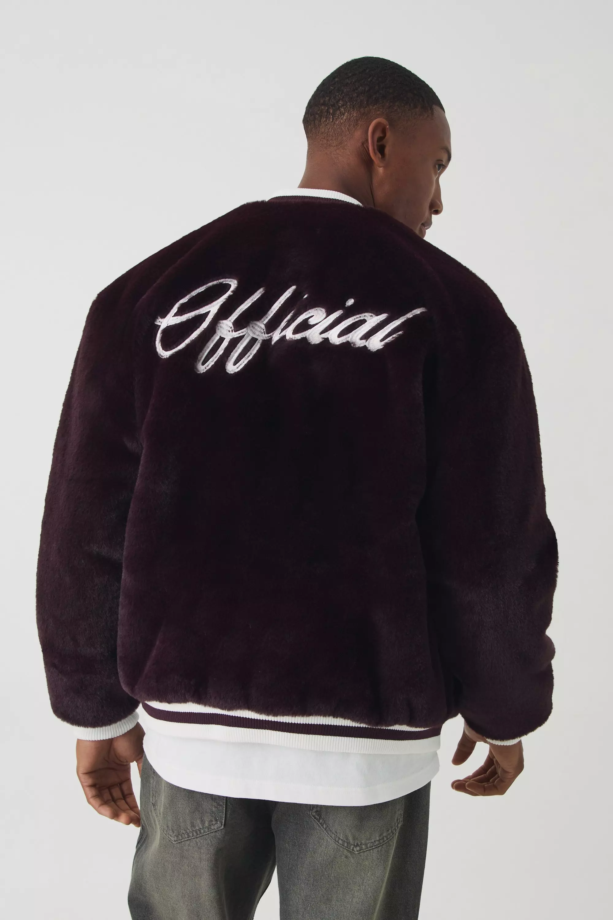 Official Faux Fur Bomber Jacket In Burgundy Burgundy