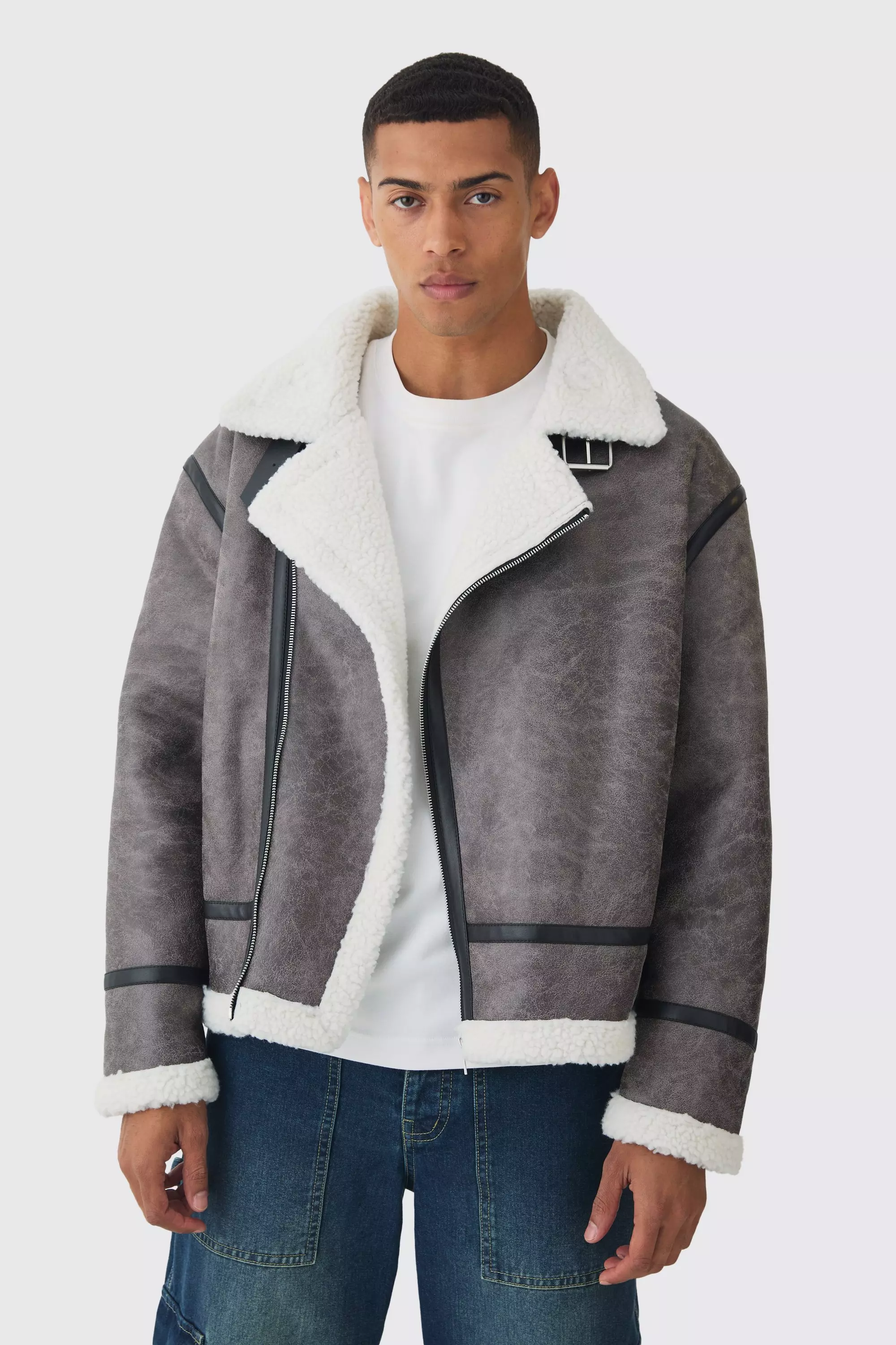 Biker Detail Borg Aviator Jacket In Grey Grey