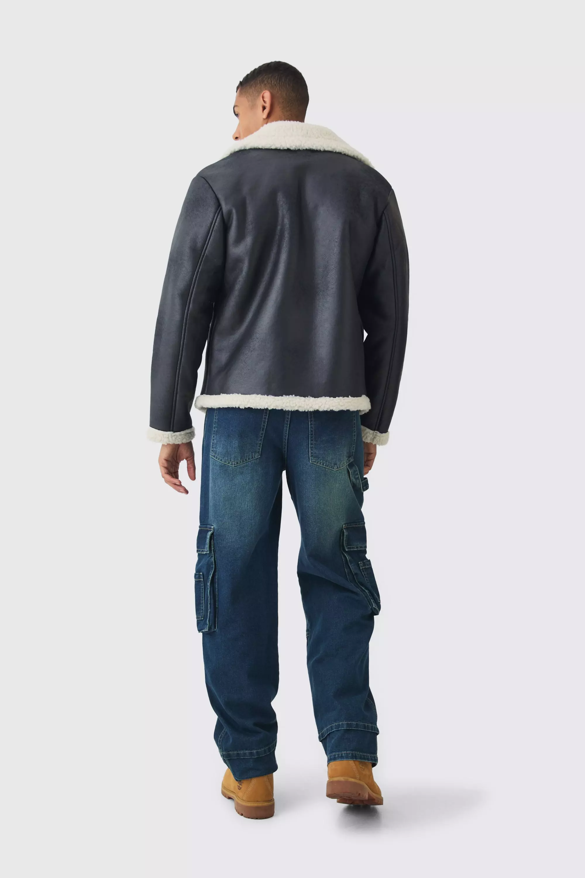 Faux Suede Borg Collar Aviator Jacket In Black boohooMAN