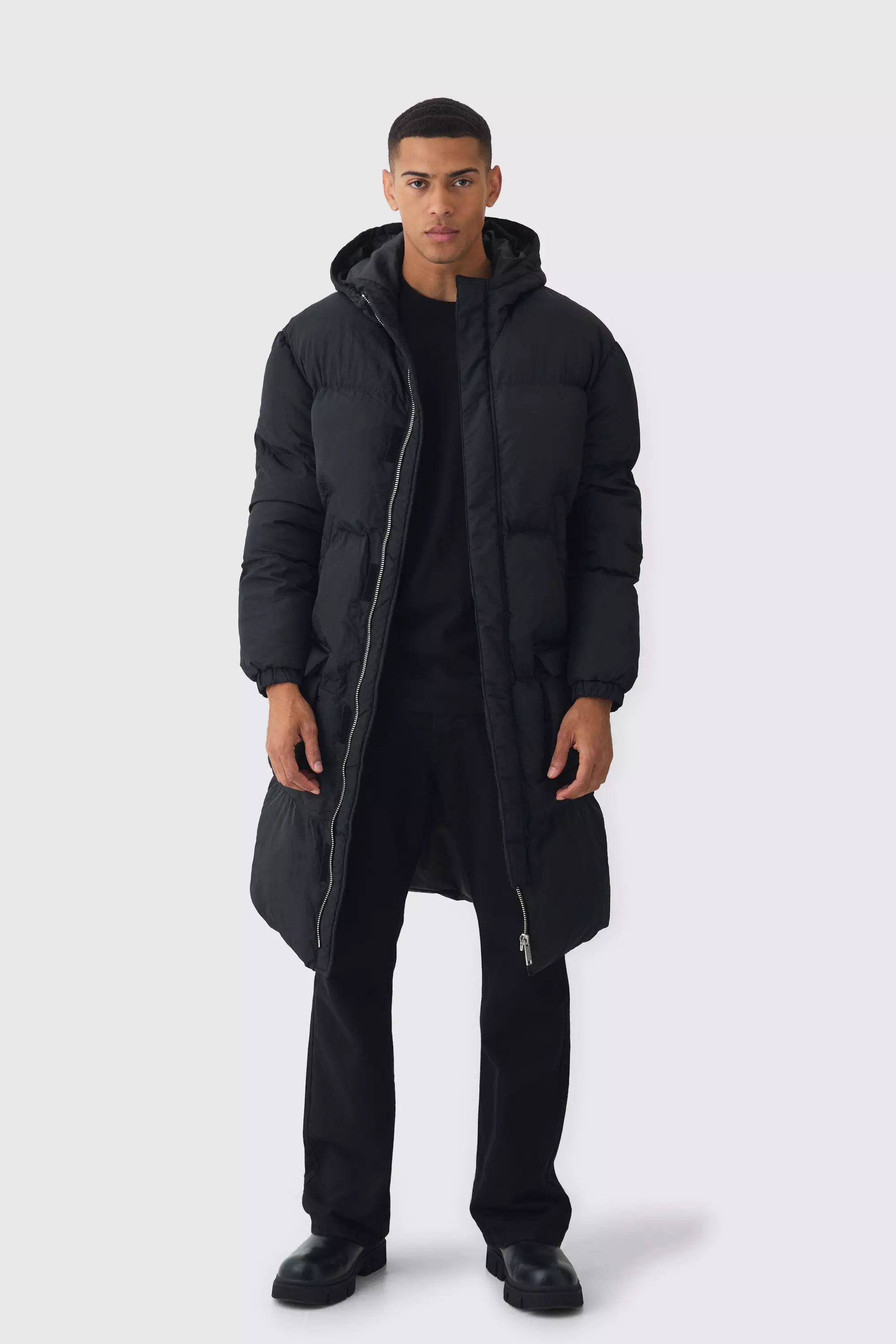 4 Pocket Longline Hooded Puffer In Black Black