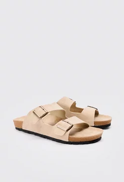 Faux Suede Double Buckle Sandals In Taupe Taupe