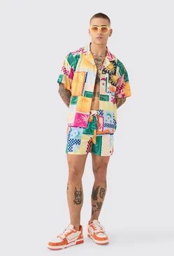Palm Tree Tile Shirt & Swim Short Set Multi