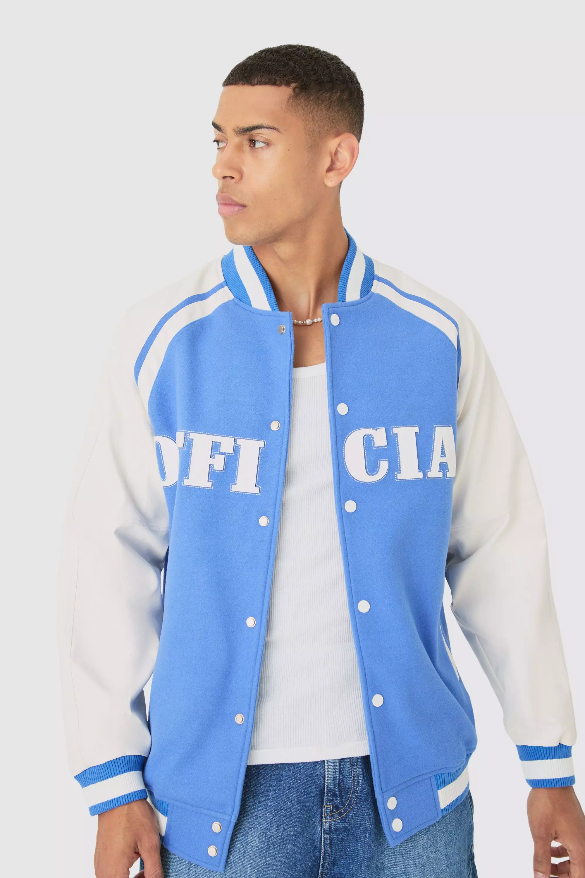 Blue Official Badge Raglan PU Sleeve Varsity Jacket In Light Blue