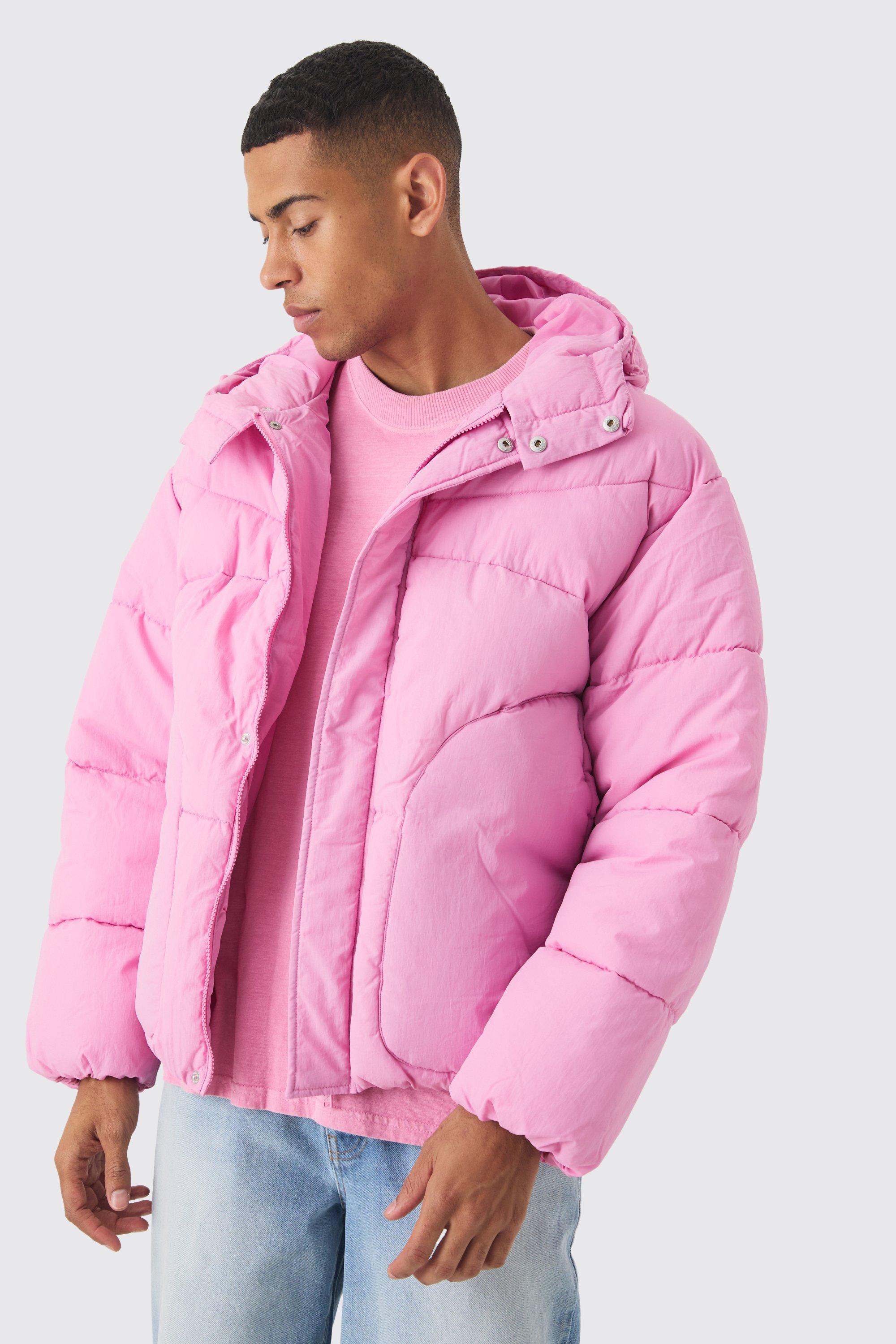 Hooded Puffer Coat In Pink boohooMAN UK