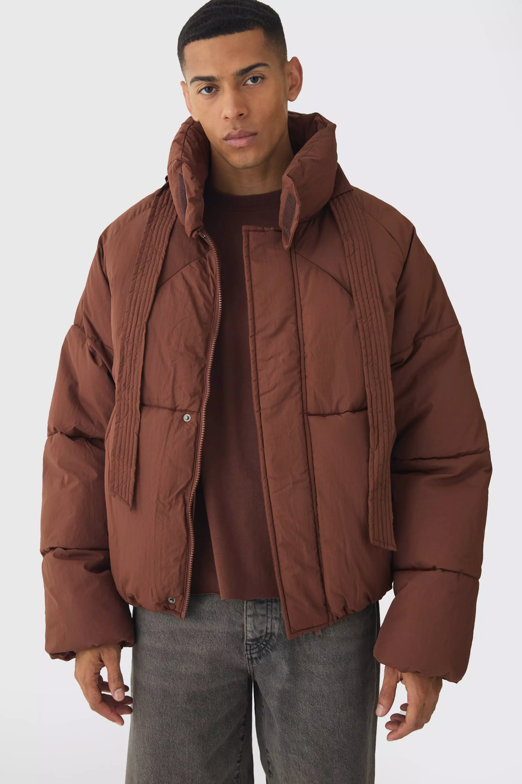 Boxy Fit Drawcord Quilted Funnel Neck Puffer Coat In Chocolate Chocolate