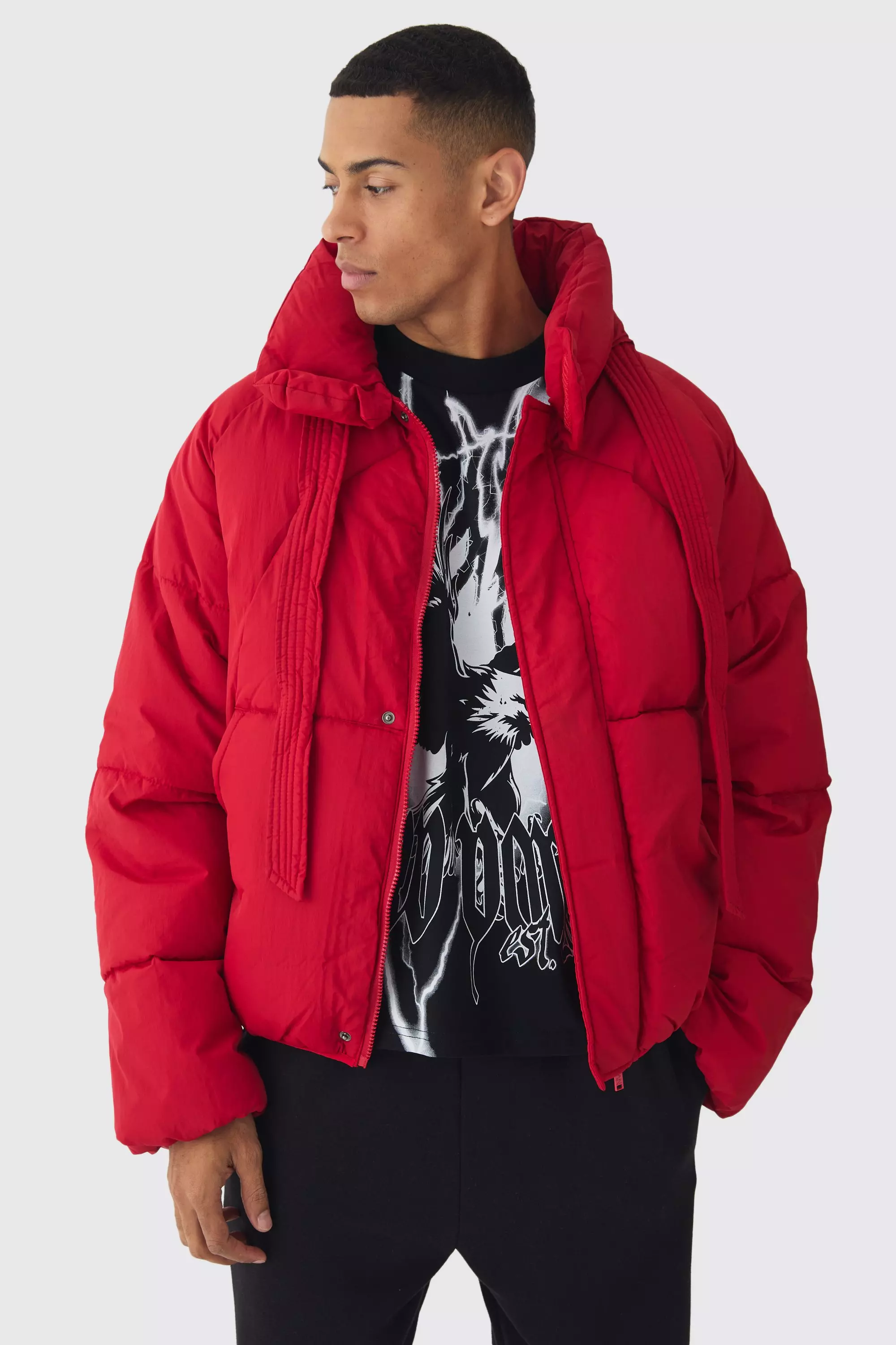 Mens Boxy Fit Drawcord Quilted Funnel Neck Puffer Coat in Red