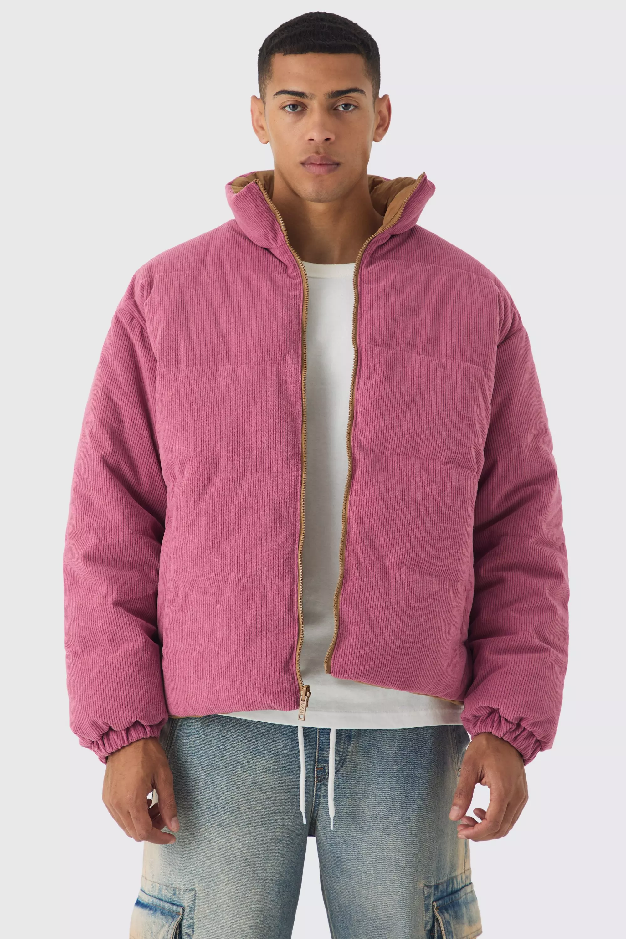 Reversible Cord And Nylon Puffer Jacket In Pink boohooMAN UK