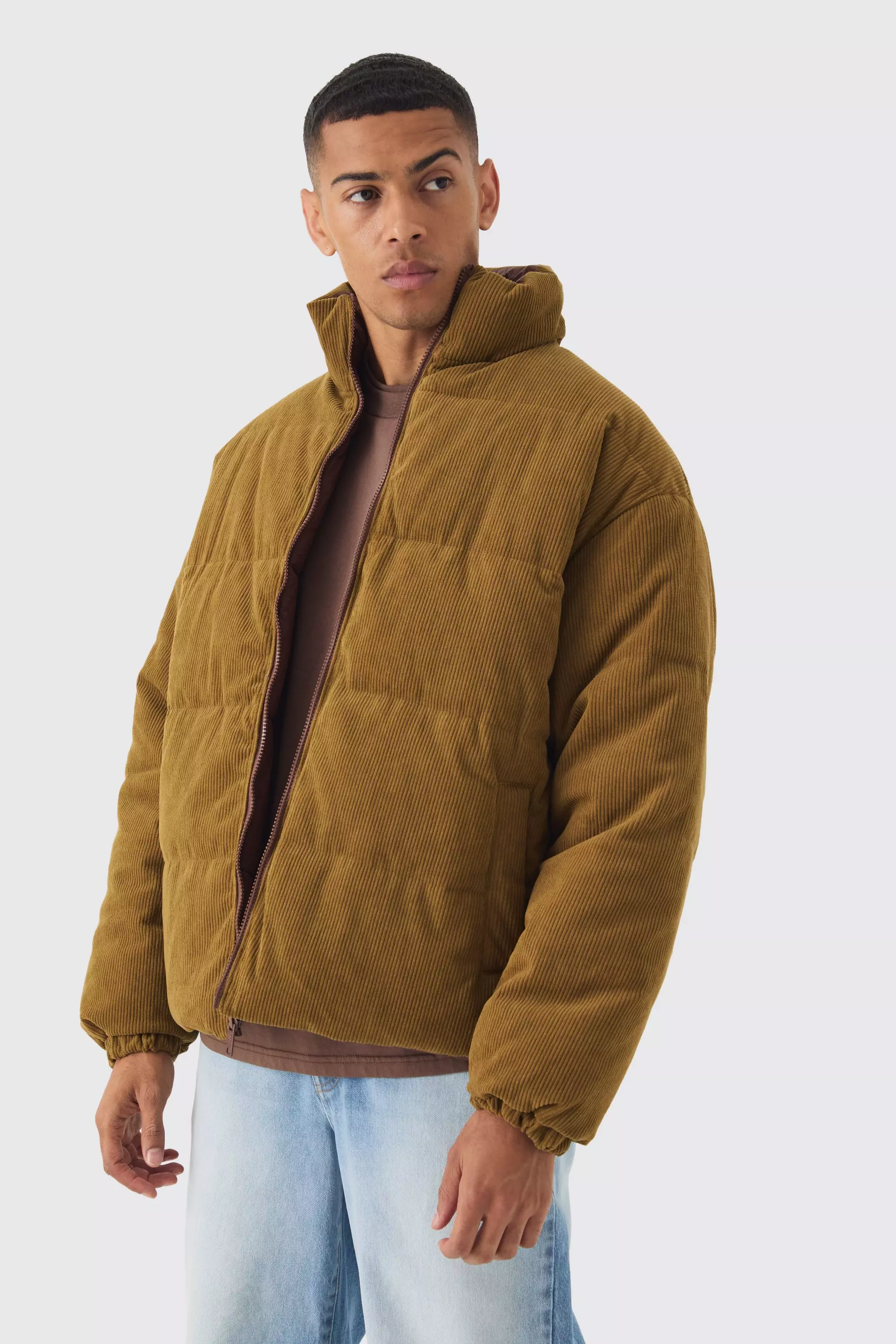 Reversible Cord And Nylon Puffer Jacket In Brown Lime