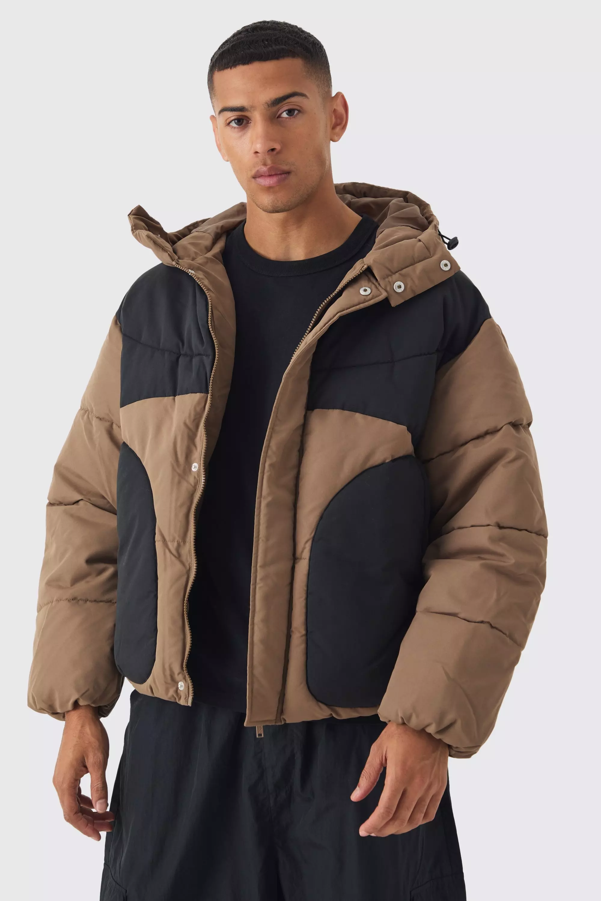 Colour Block Quilted Hooded Puffer In Beige alternative image
