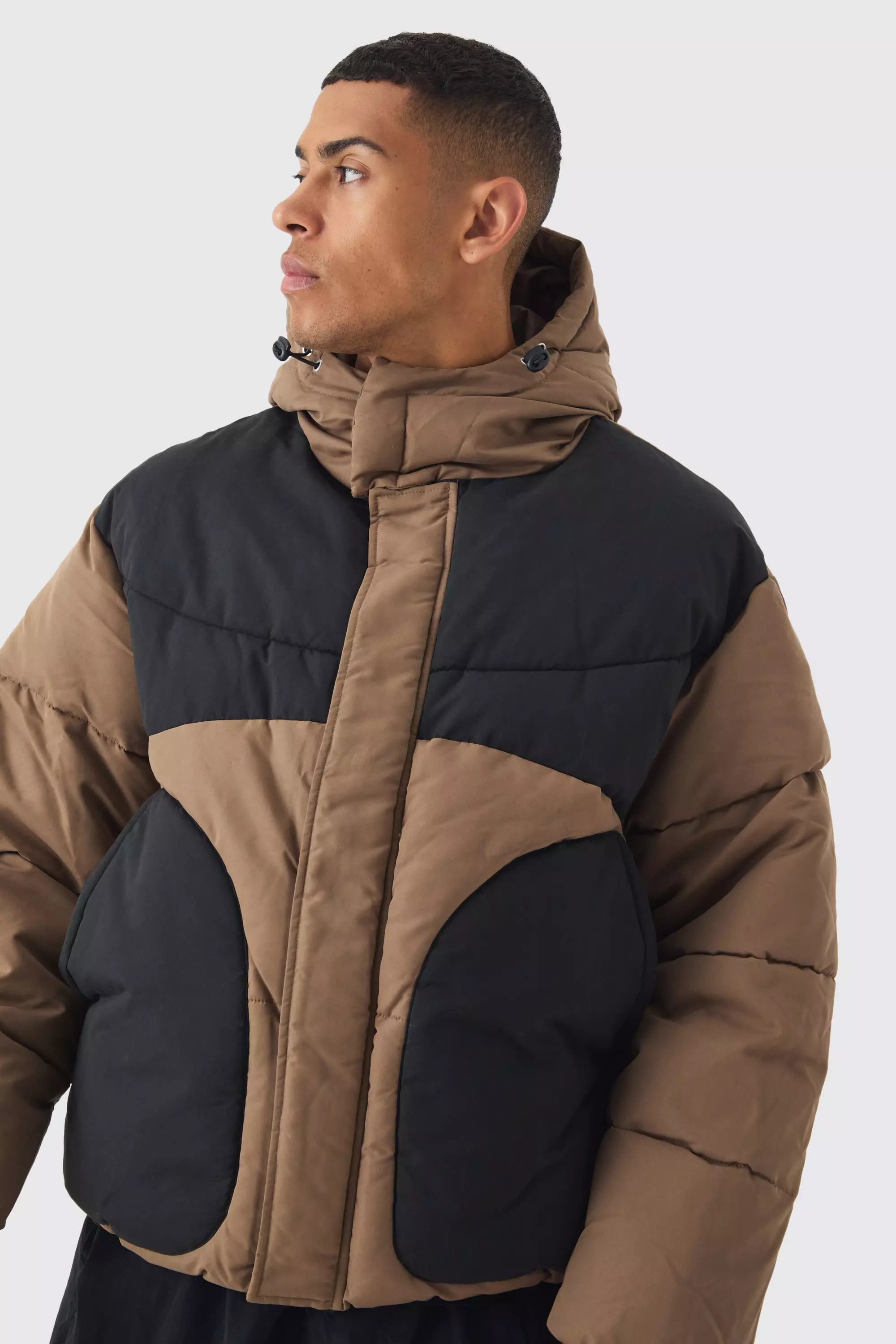 Colour Block Quilted Hooded Puffer In Beige alternative image