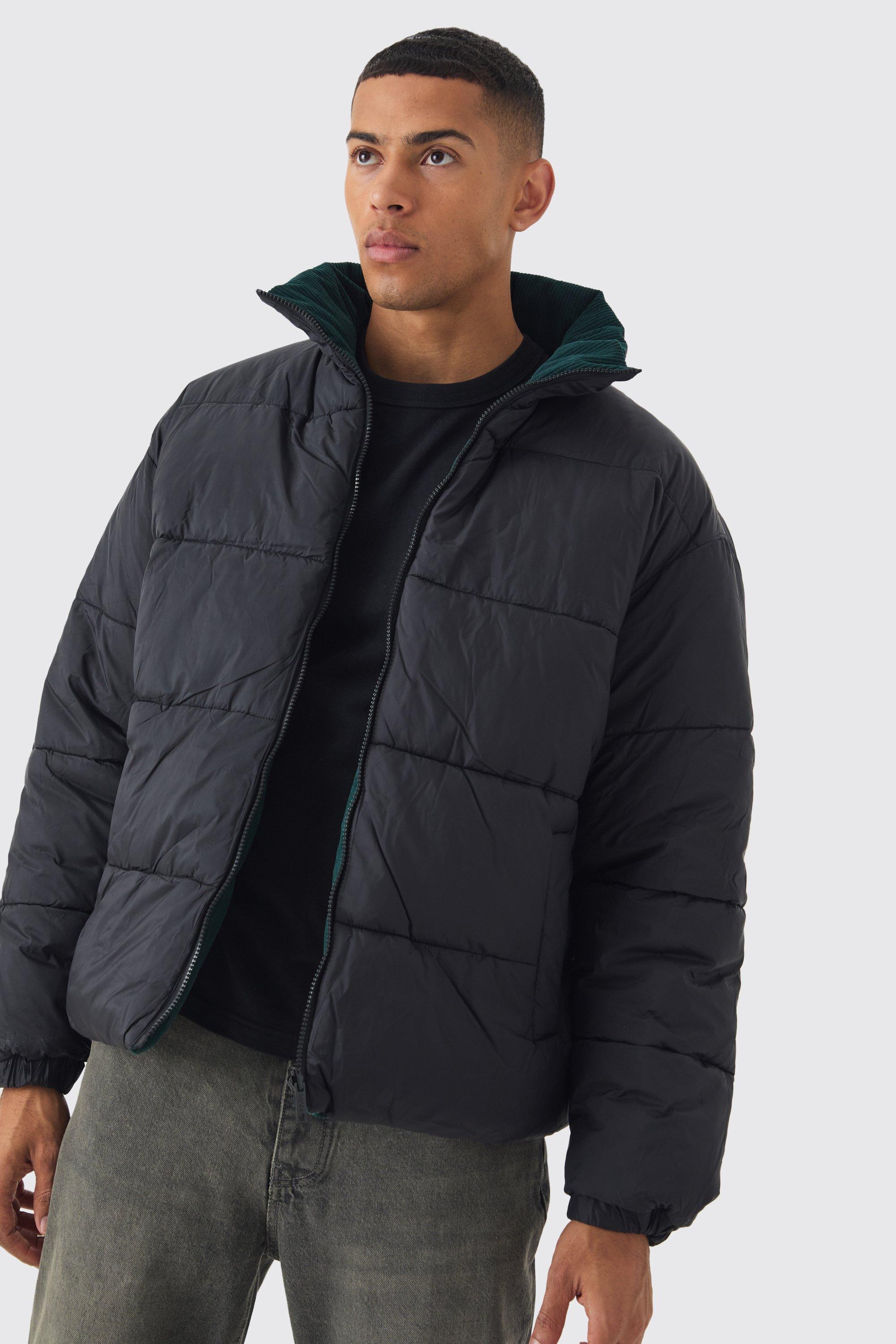 Reversible Cord And Nylon Puffer Jacket In Green boohooMAN USA