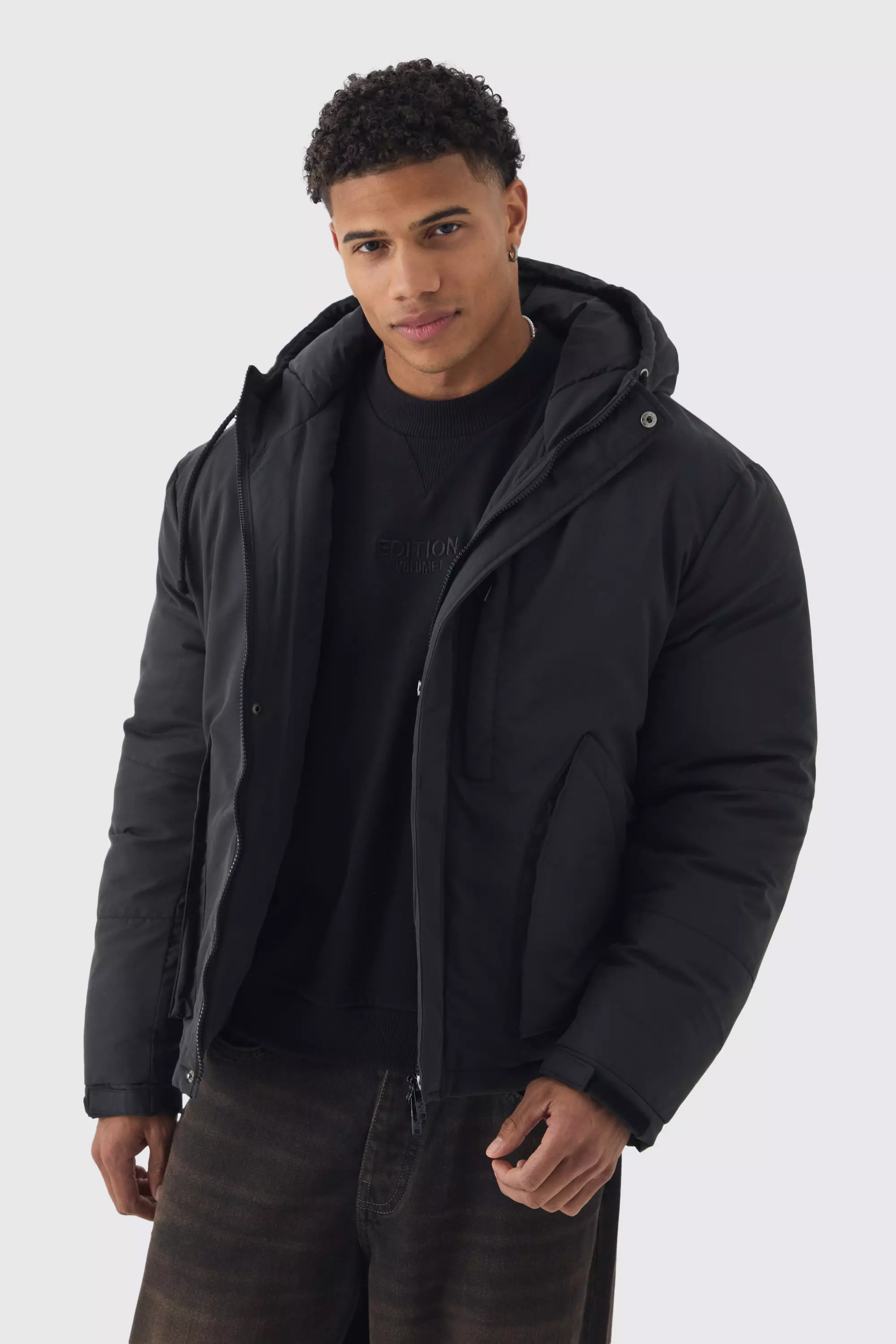 Black Padded Drawcord Hooded Parka In Black