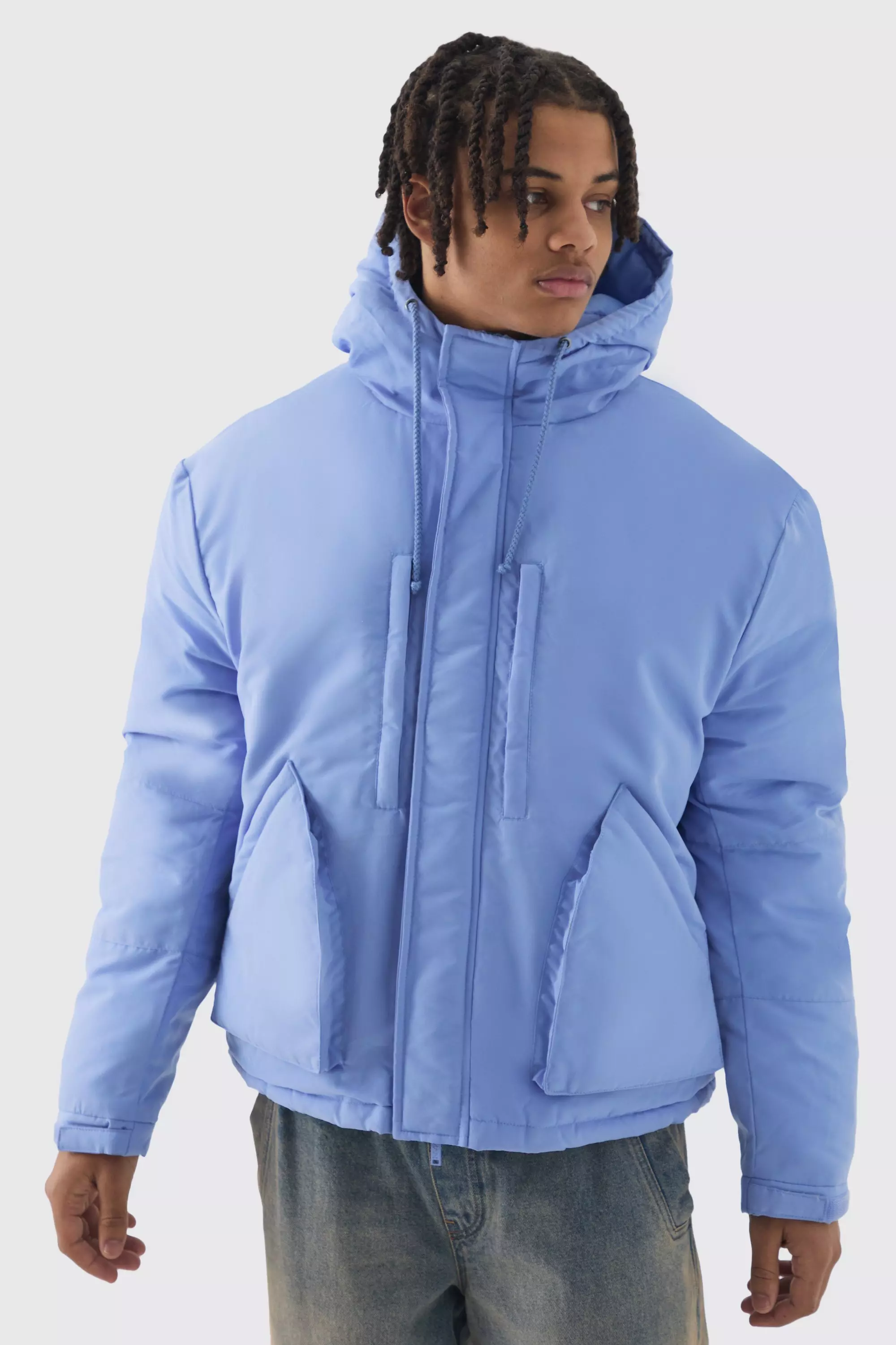 Padded Drawcord Hooded Parka In Blue boohooMAN UK