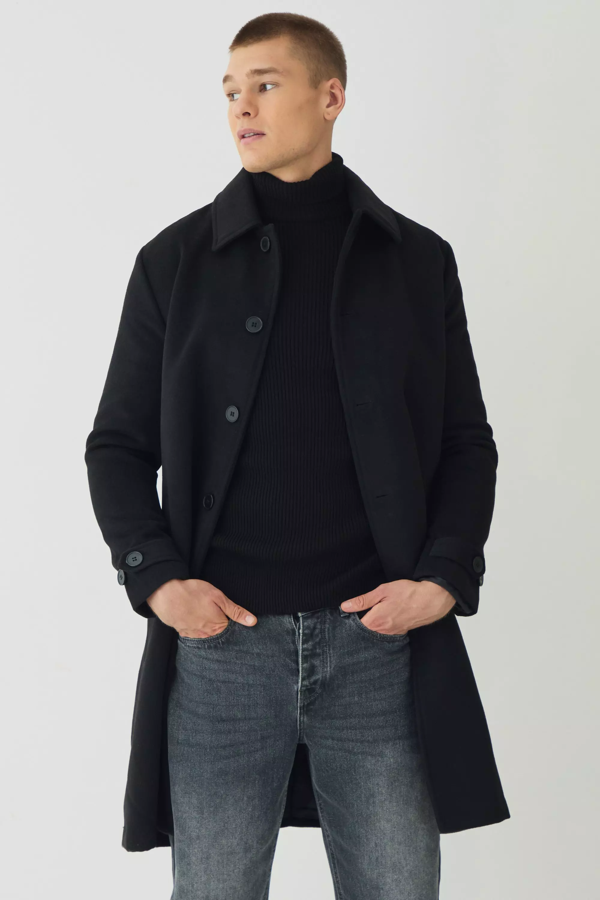 Plain Collared Overcoat In Black Black