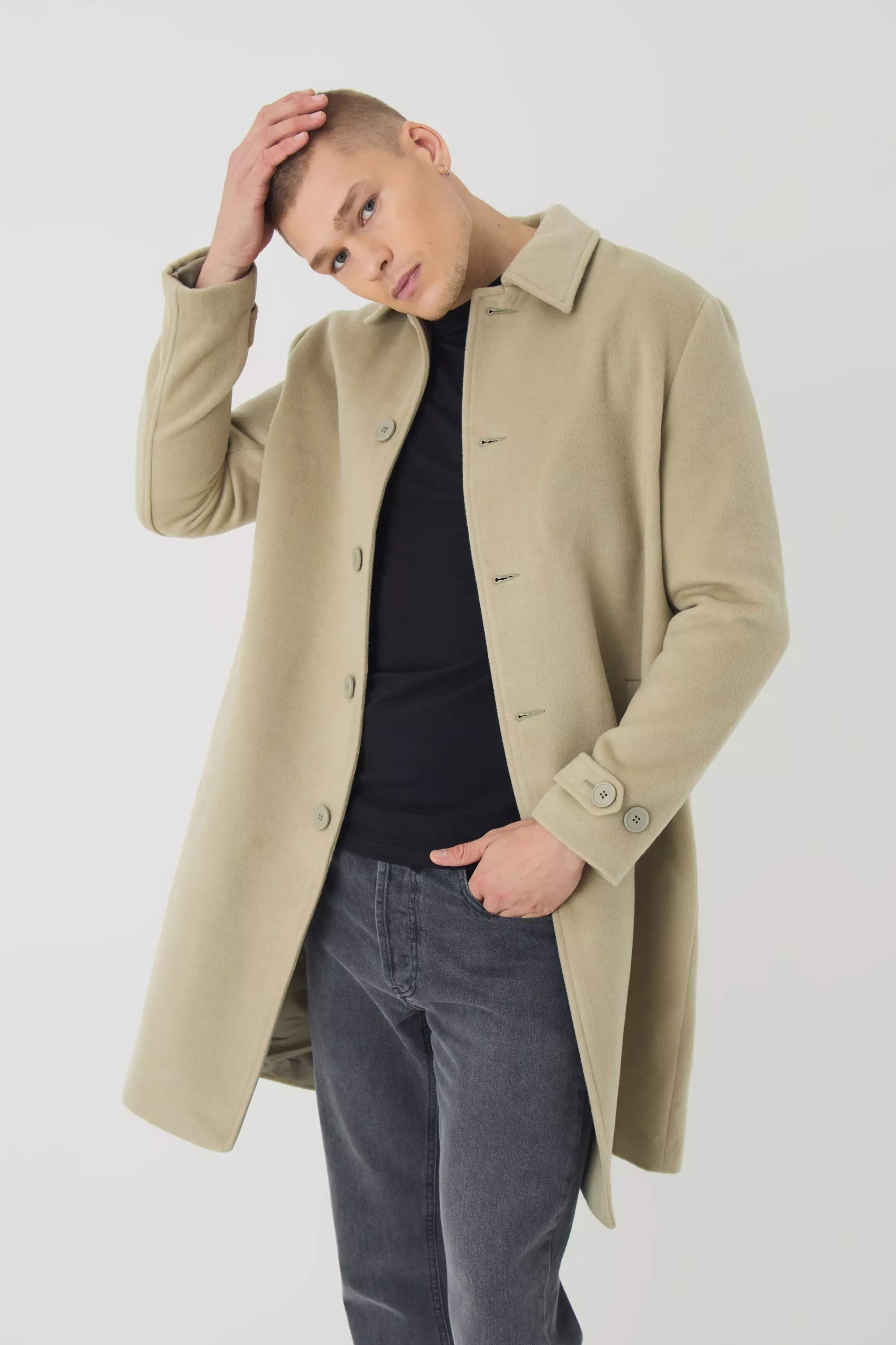 Plain Collared Overcoat In Sage Sage