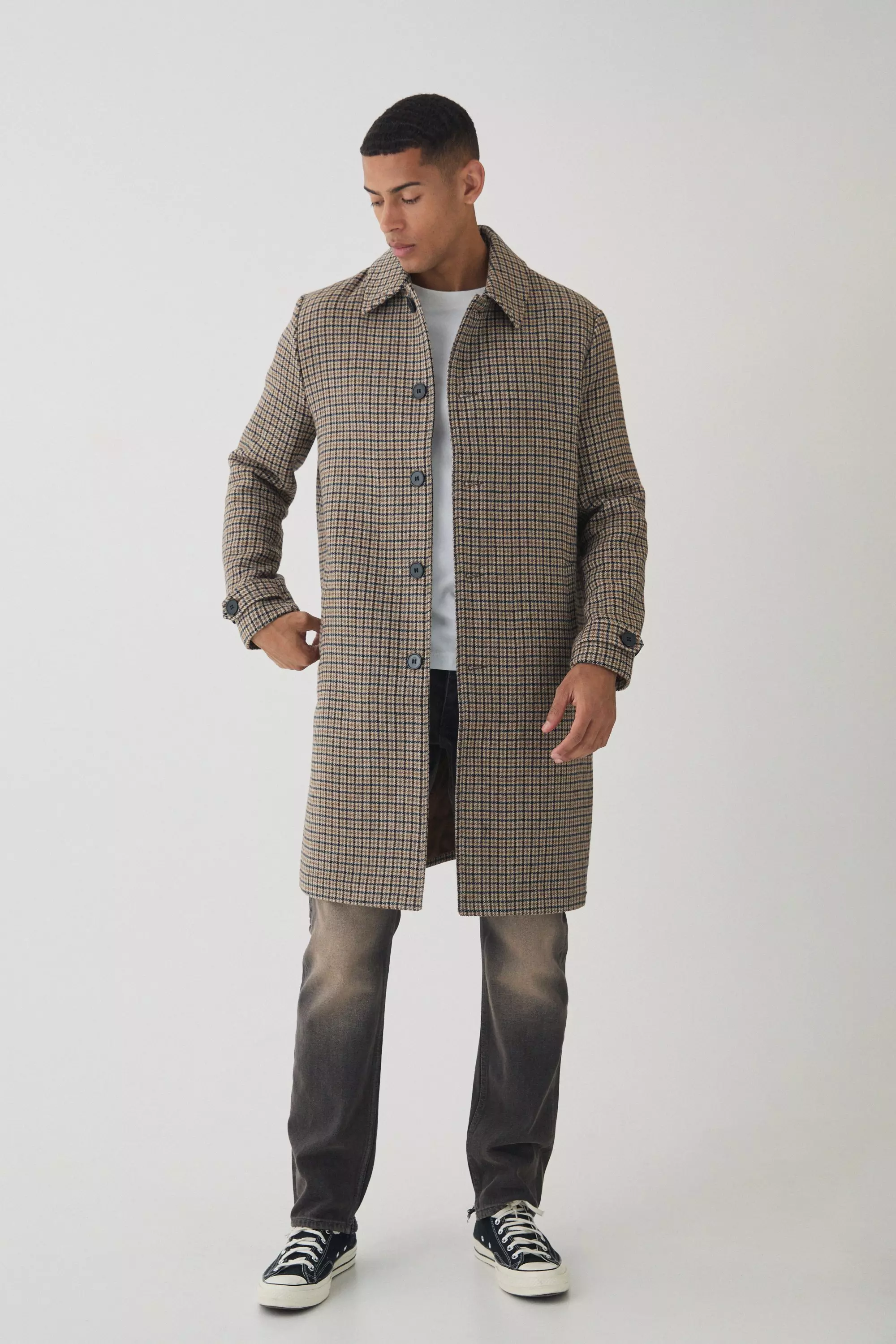 Brown Check Collared Overcoat In Brown