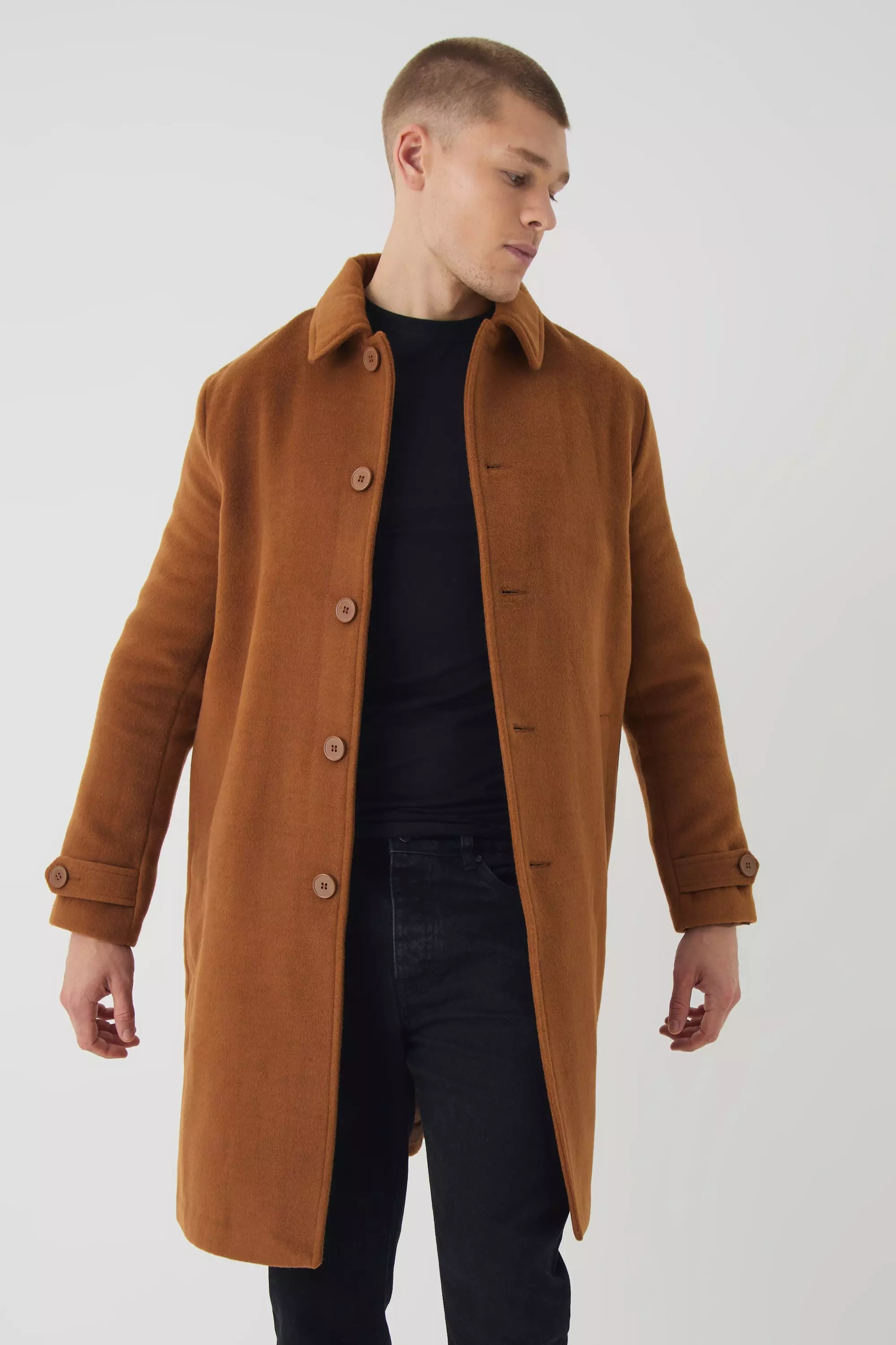 Plain Collared Overcoat In Tan Tan