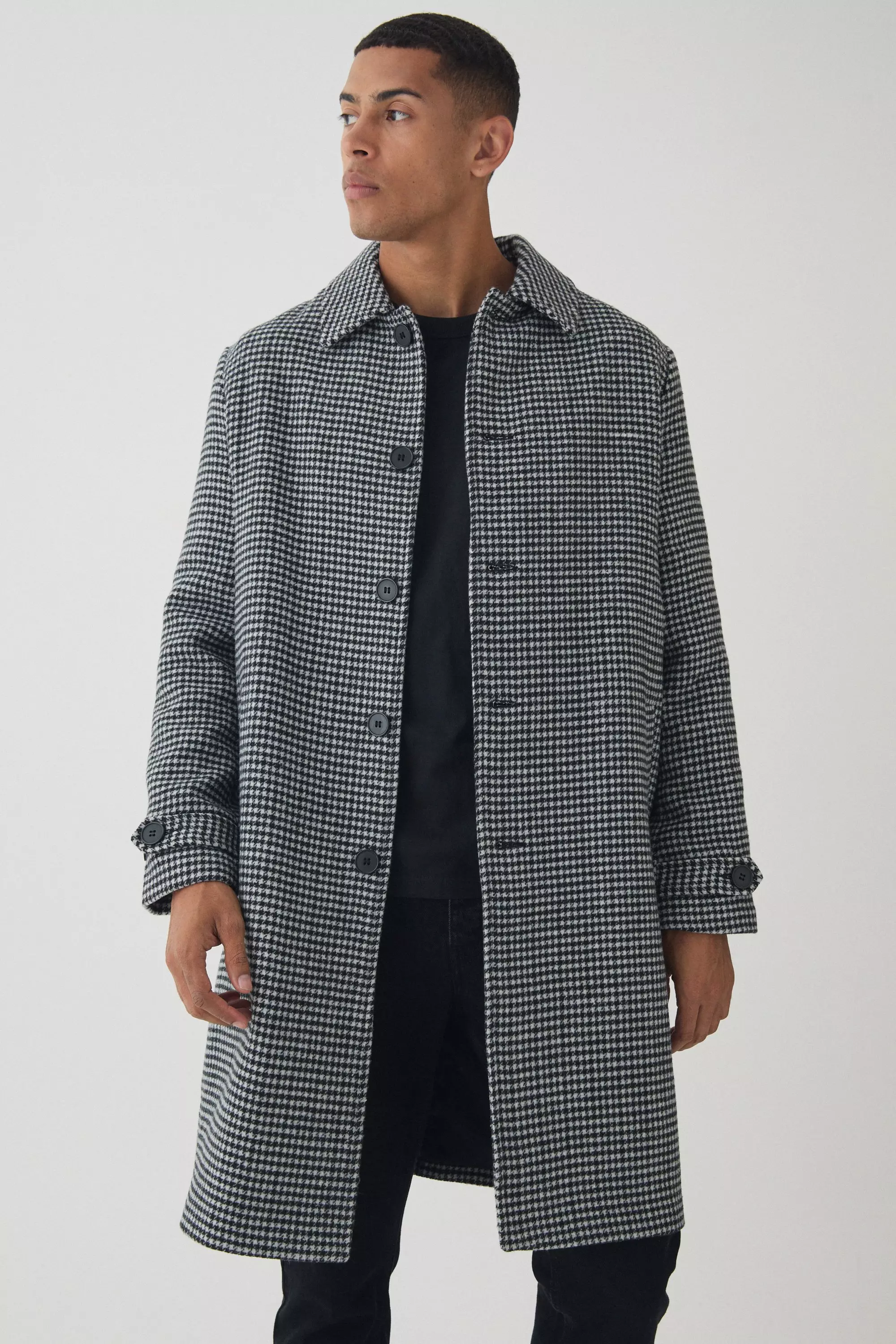 Check Collared Overcoat In Black Black