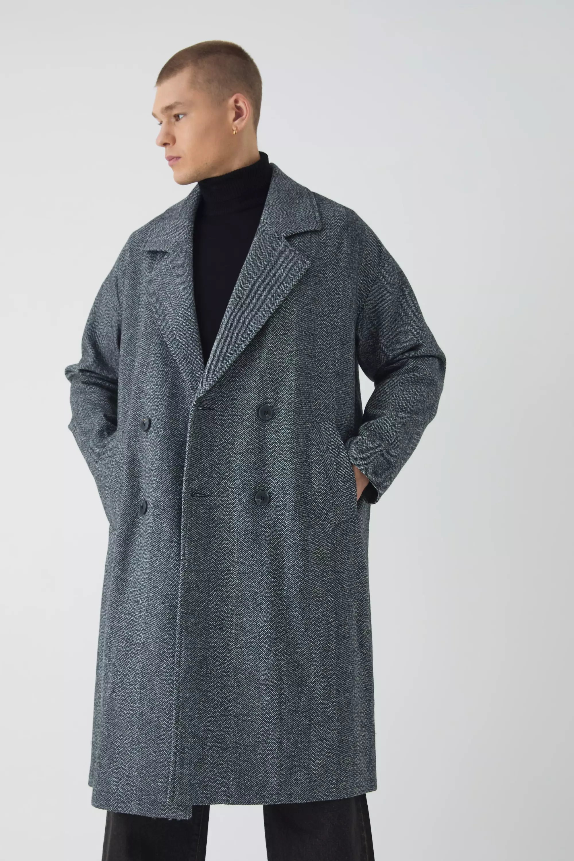 Oversized Drop Shoulder Herringbone Overcoat In Grey Grey