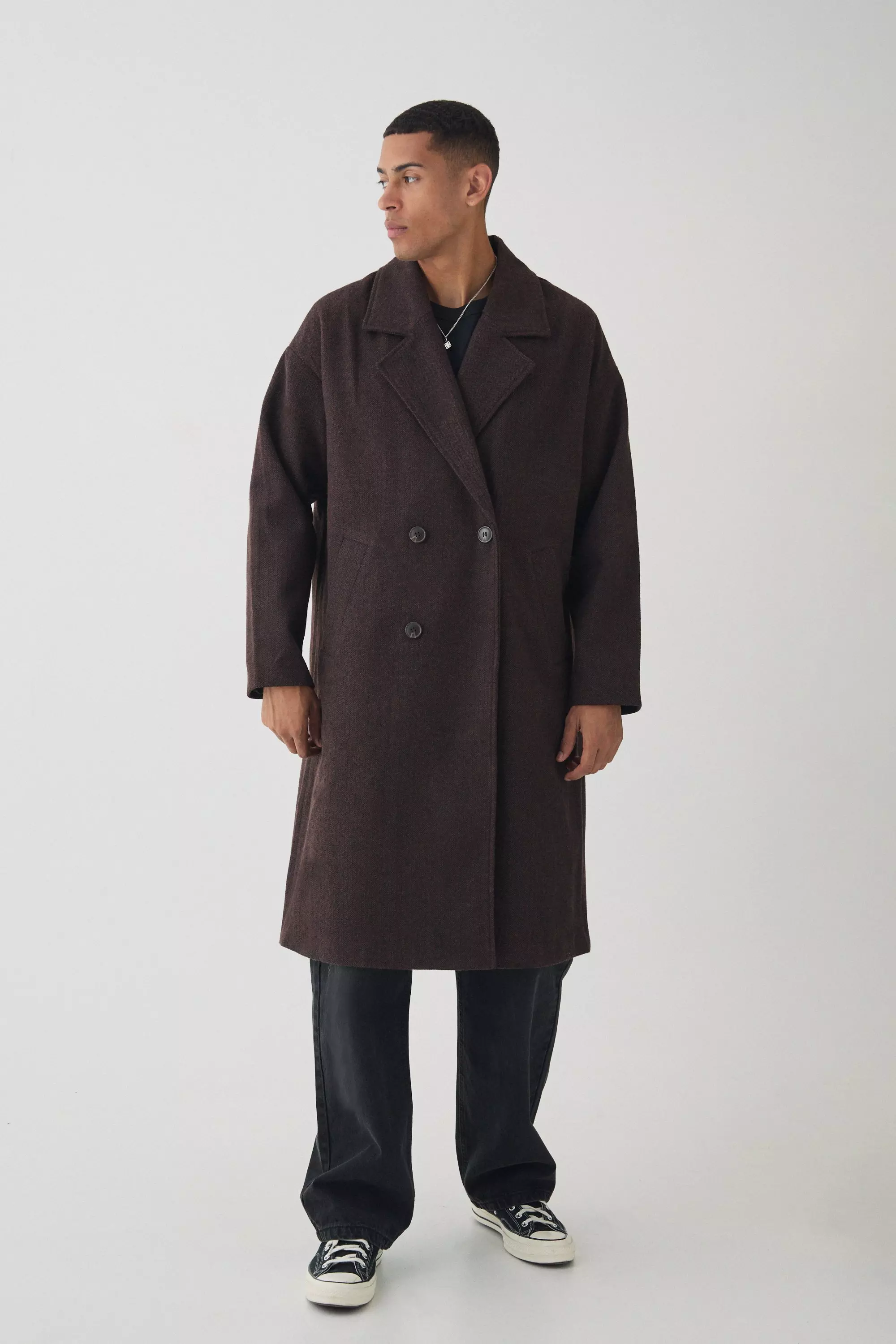 Brown Oversized Drop Shoulder Herringbone Overcoat In Brown