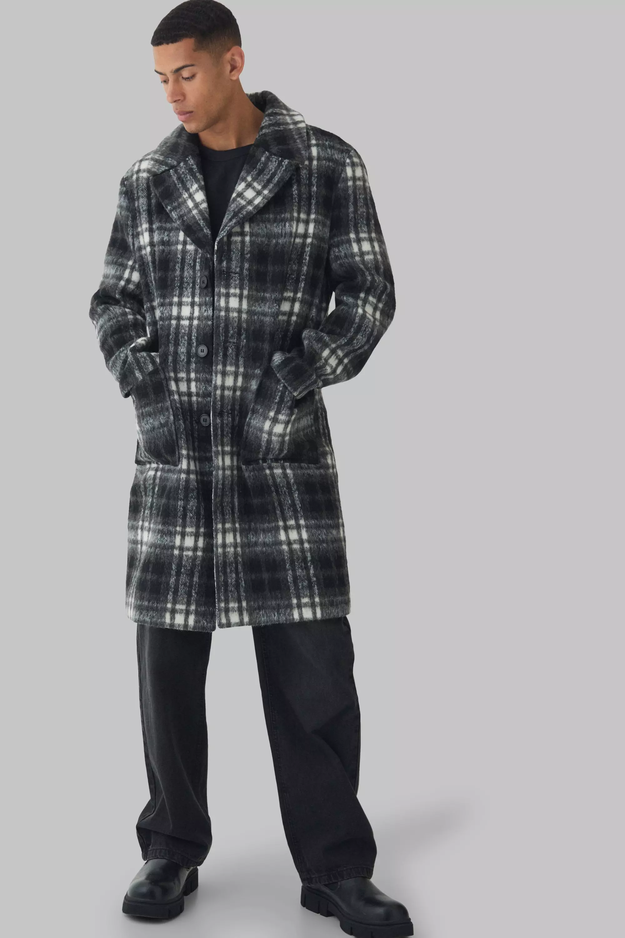 Relaxed Fit Single Breasted Check Overcoat In Black Black