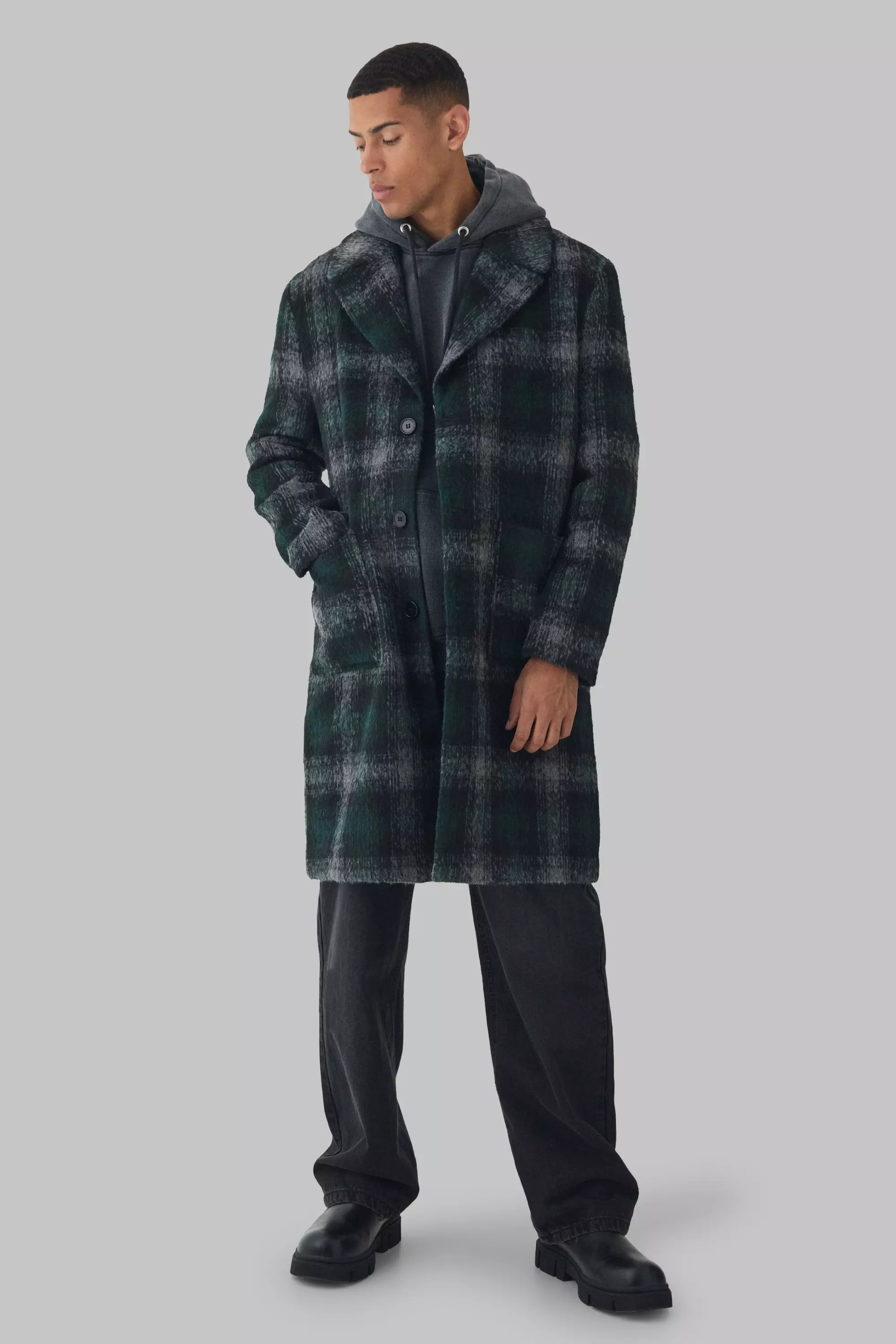 Relaxed Fit Single Breasted Check Overcoat In Green Green