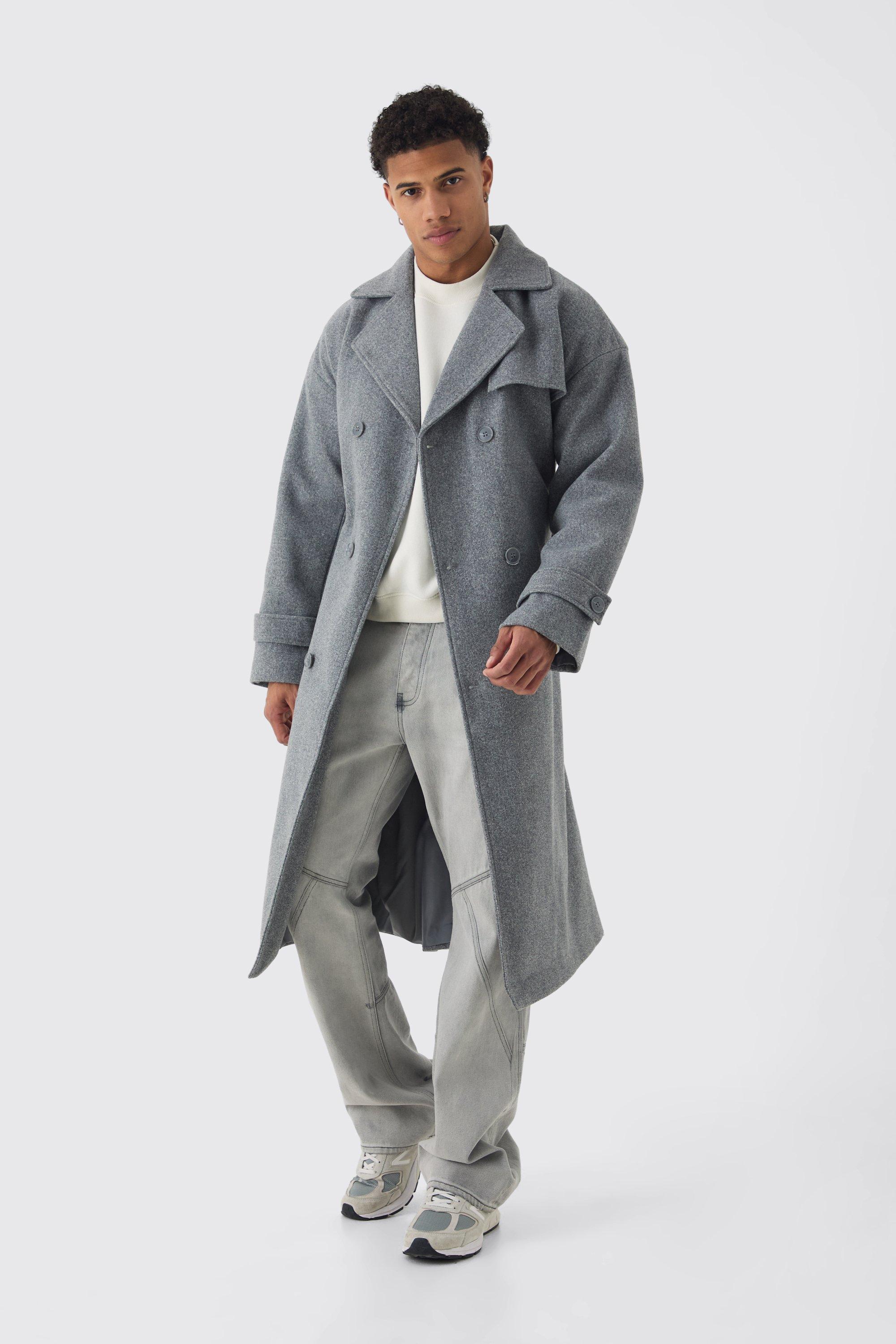 Oversized Double Breasted Trench Overcoat In Grey boohooMAN USA