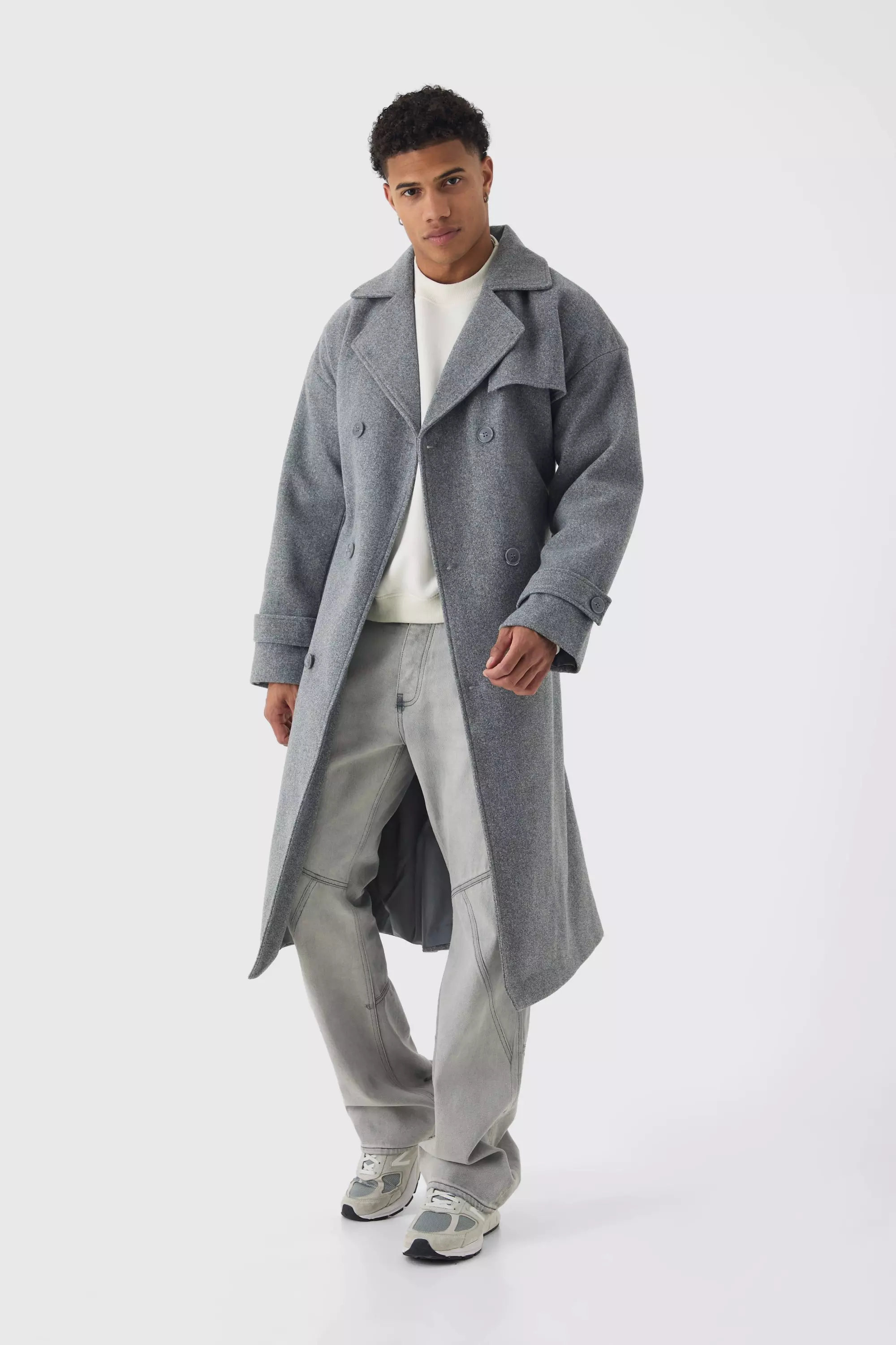 Oversized Double Breasted Trench Overcoat In Grey Grey