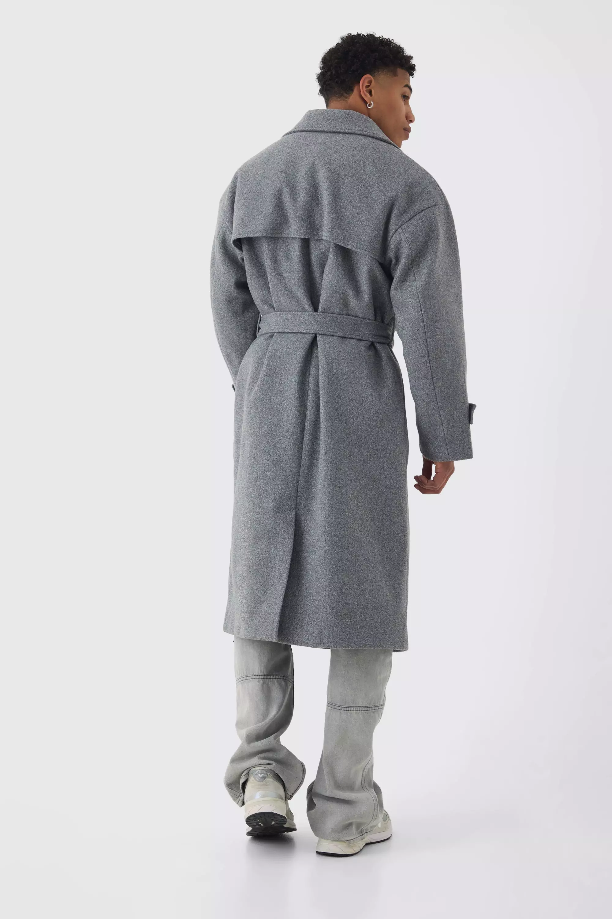 Boohooman wool blend double breasted overcoat in grey hotsell