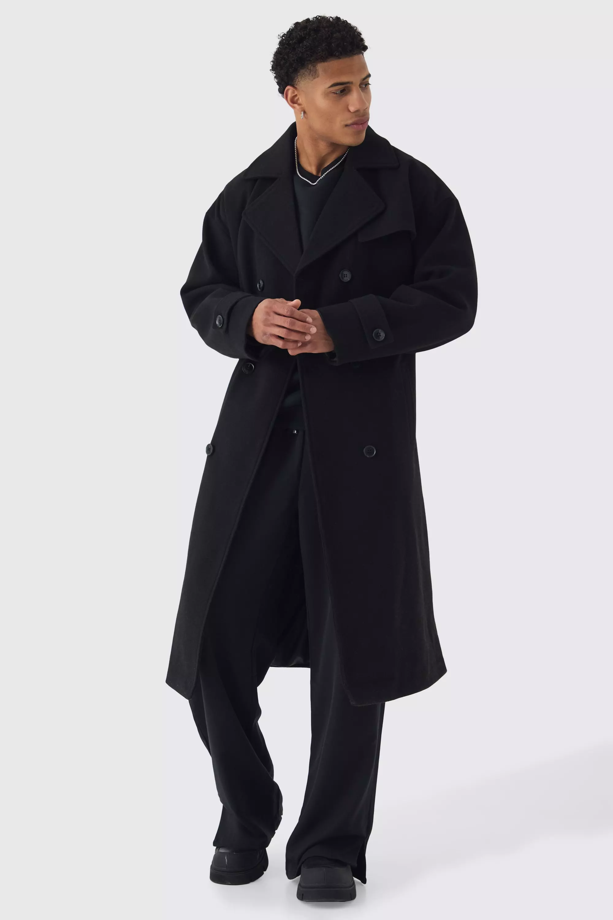 Oversized Double Breasted Trench Overcoat In Black Black