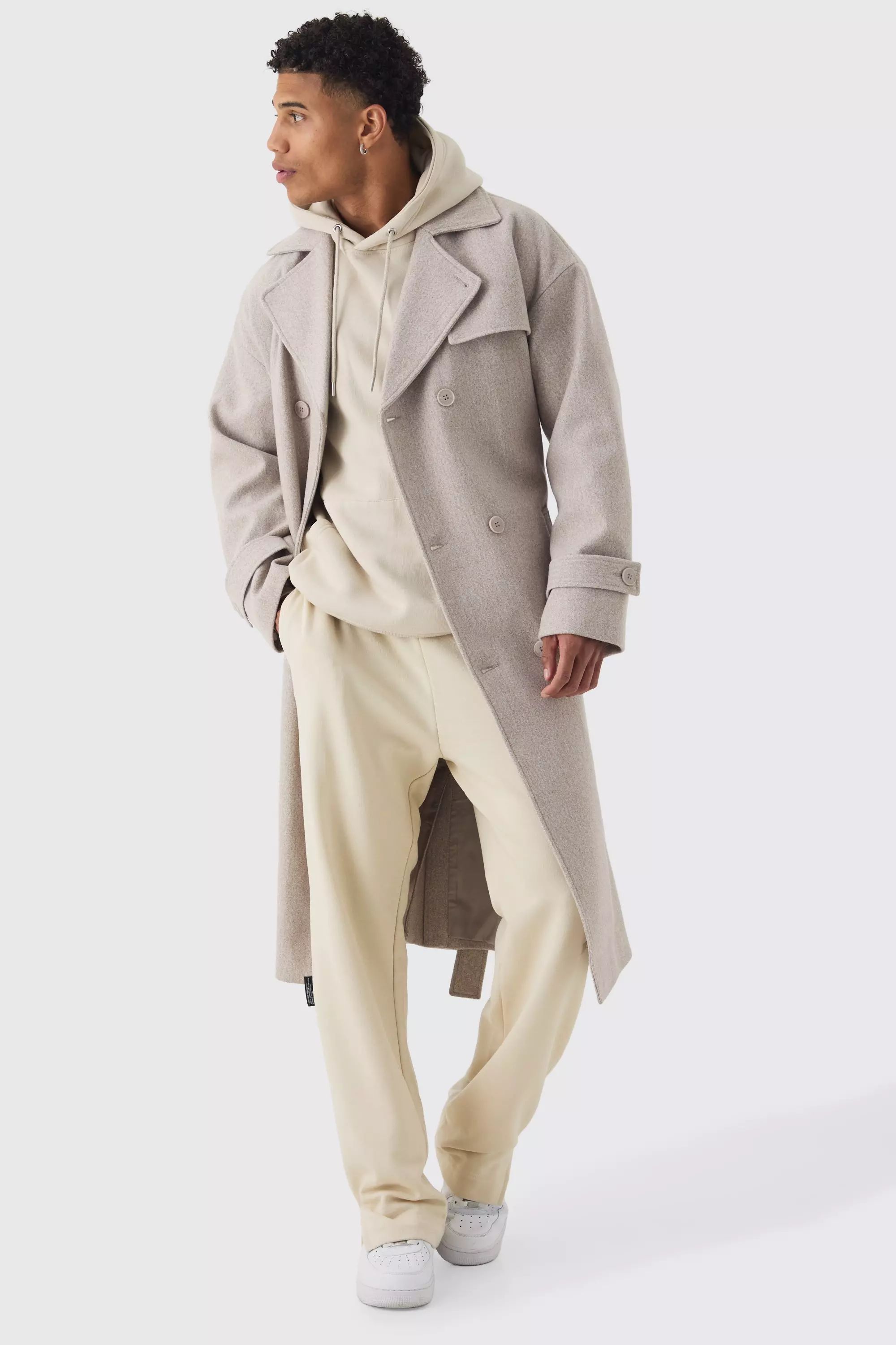 Oversized Double Breasted Trench Overcoat In Stone boohooMAN